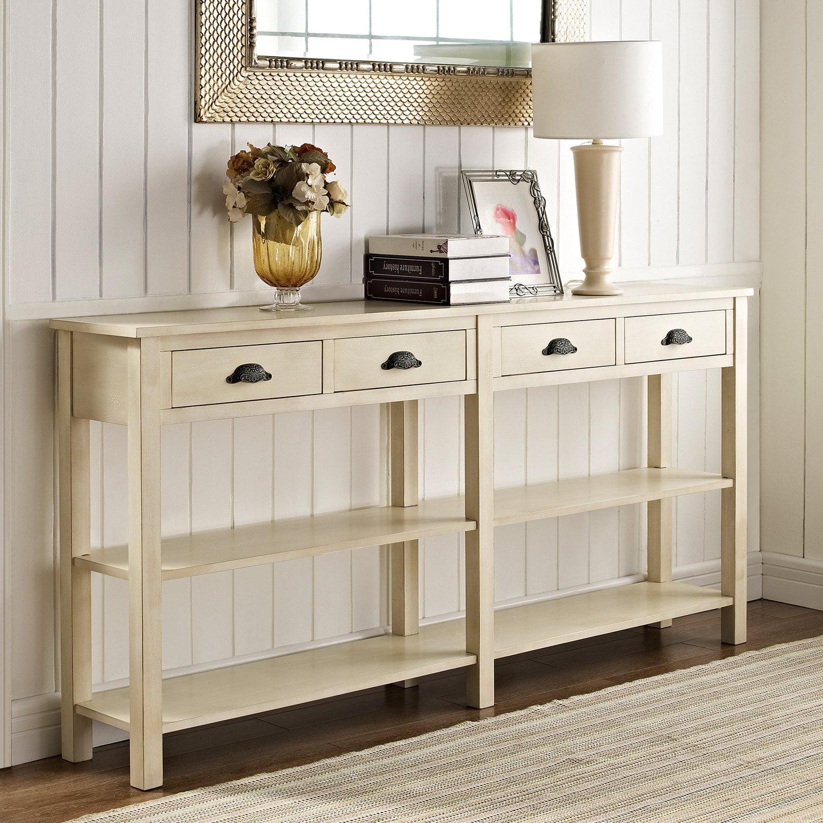 Soho Cream Crackle Solid Birch 4-Drawer Console Table with Shelves