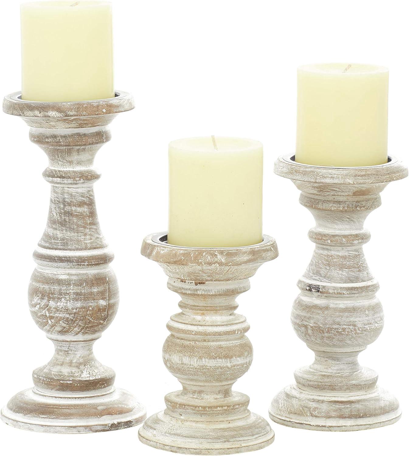 DecMode Traditional and Timeless Mango Wood Pillar Candle Holder Set of 3, 6", 8", 10"H, Cream Finish