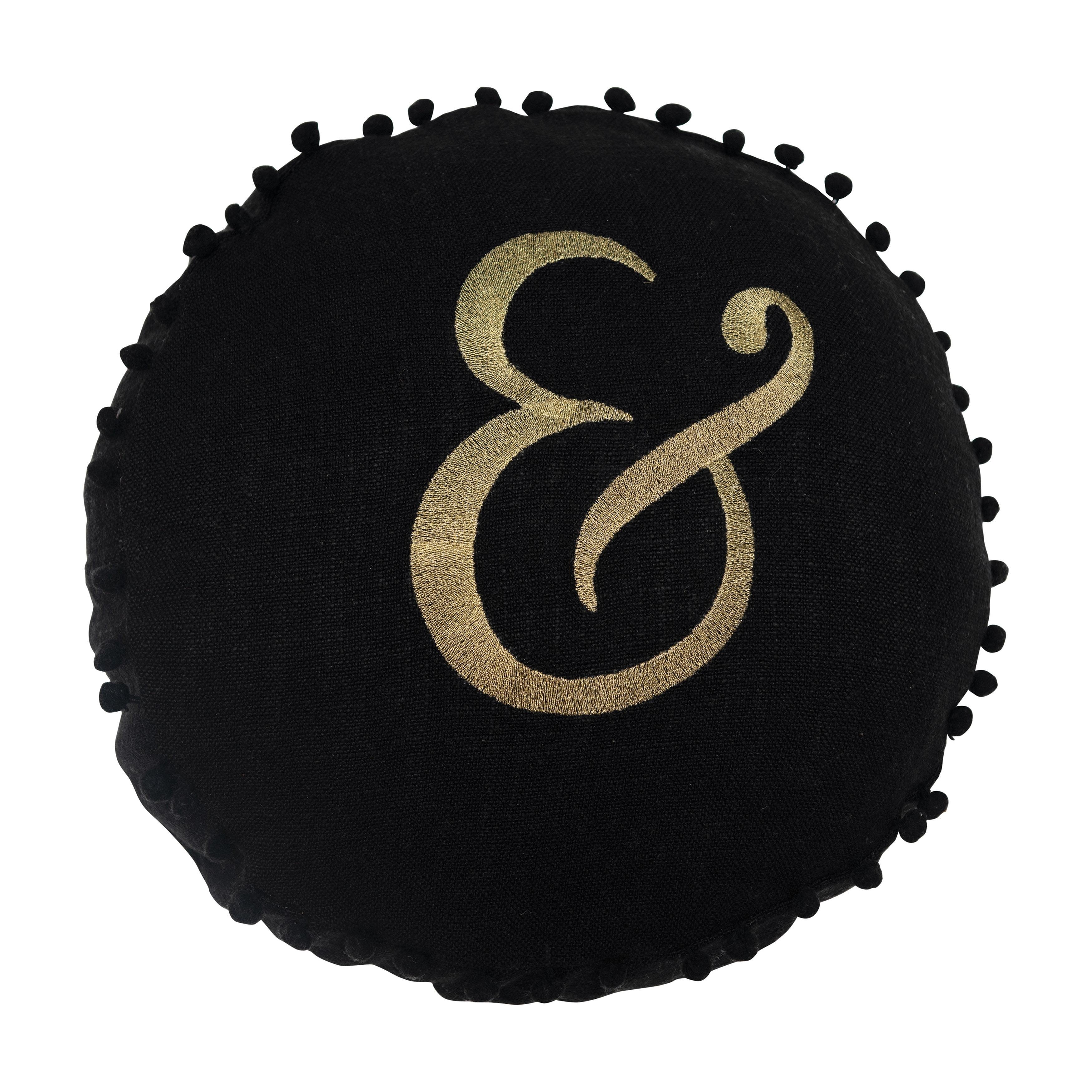 Creative Co-Op 16" Round Embroidered Pillow with Pom Pom Trim "&" Design in Gold Script