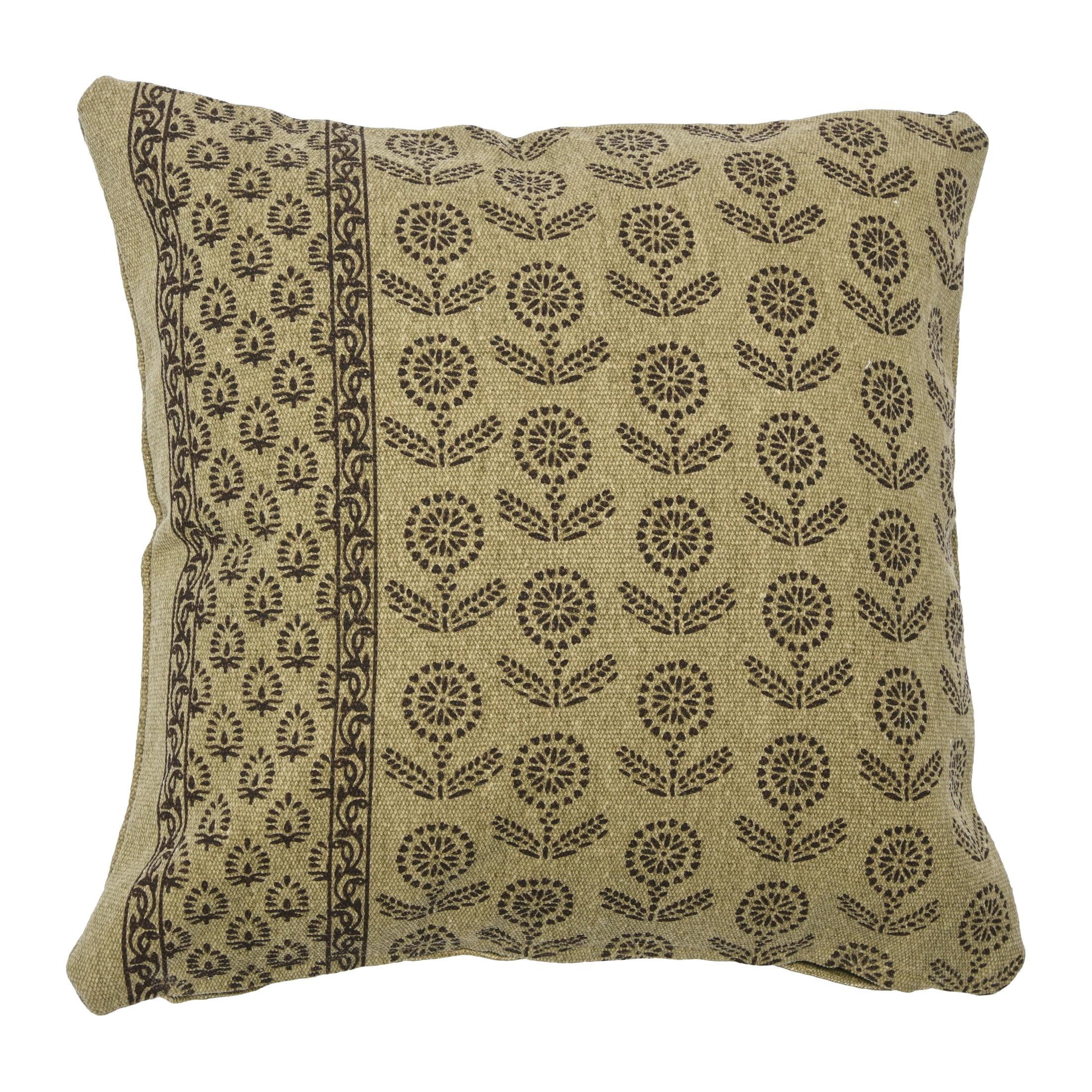 20" Beige and Brown Cotton Floral Pillow Cover