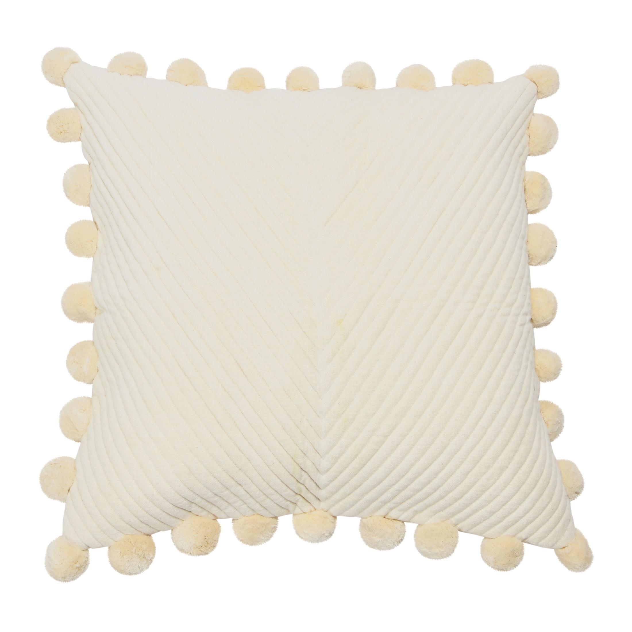 Cream Quilted Cotton Pillow Cover with Pom Pom Trim, 20" Square