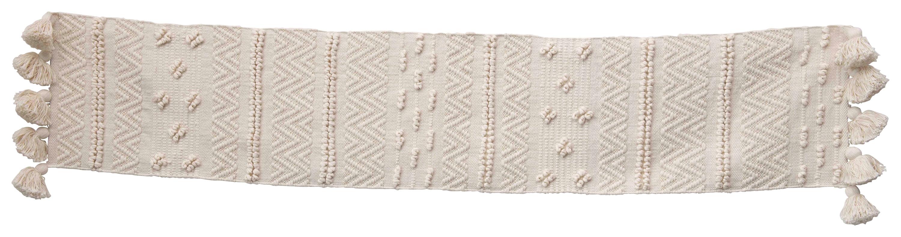 Cream Woven Cotton Table Runner with Pom Poms and Tassels