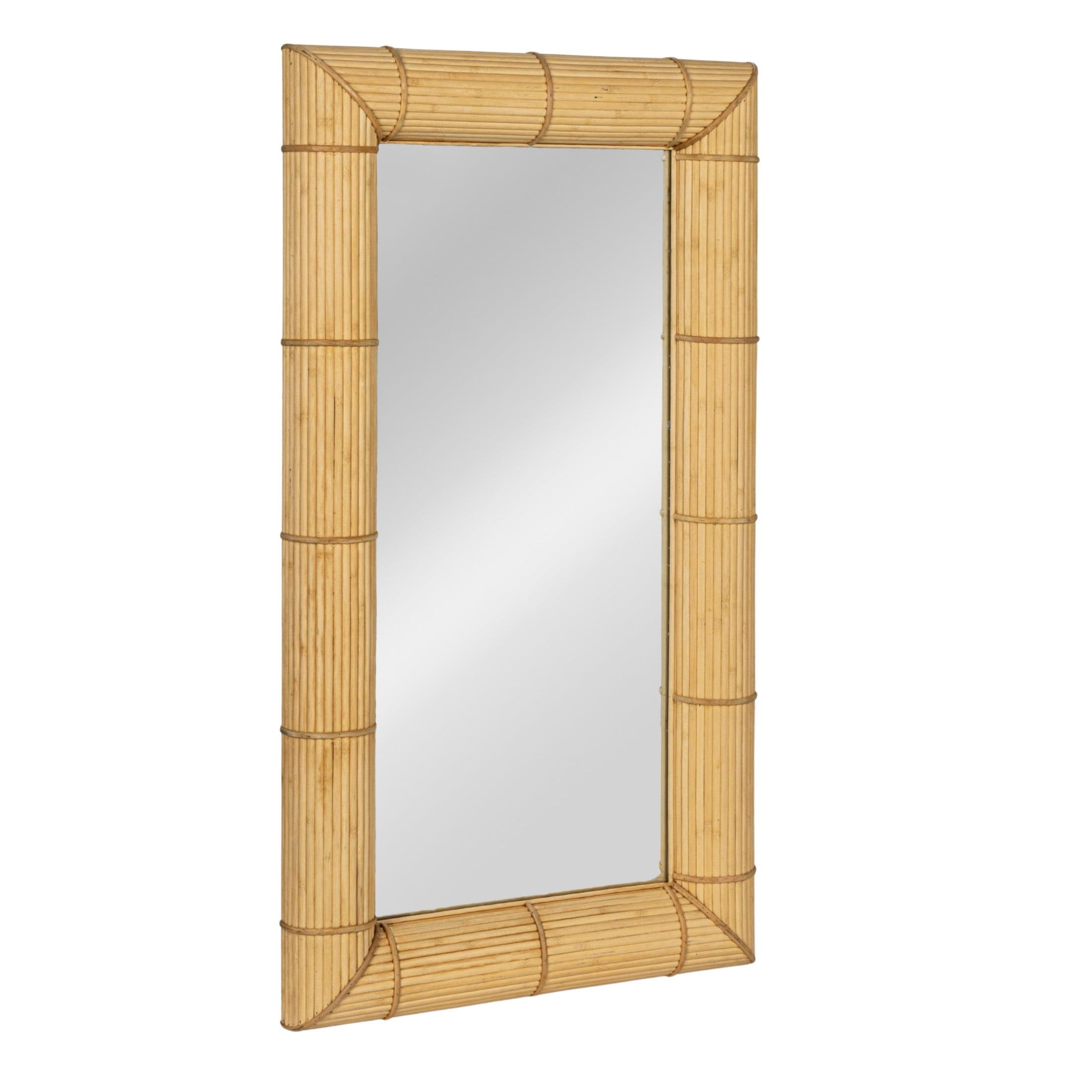 Natural Bamboo Rectangular Wall Mirror with Hand-Laid Stems