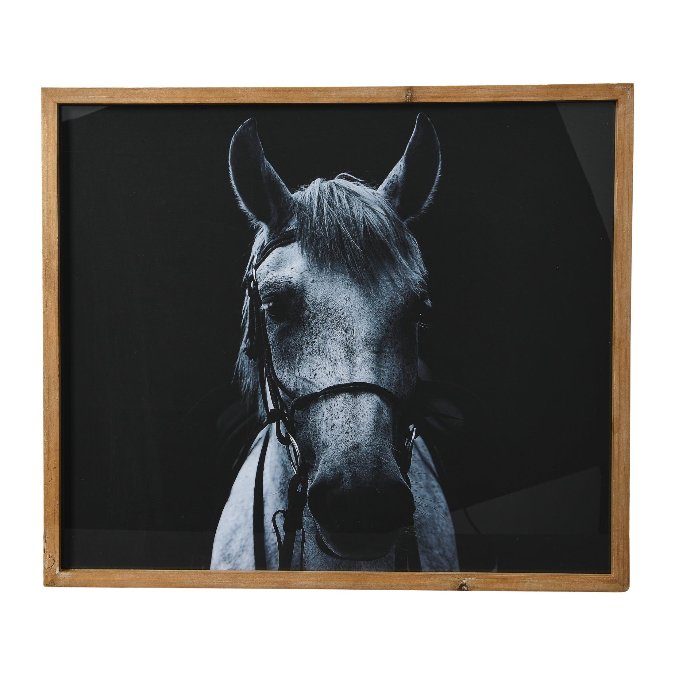 Black and White Equestrian Print with Natural Wood Frame