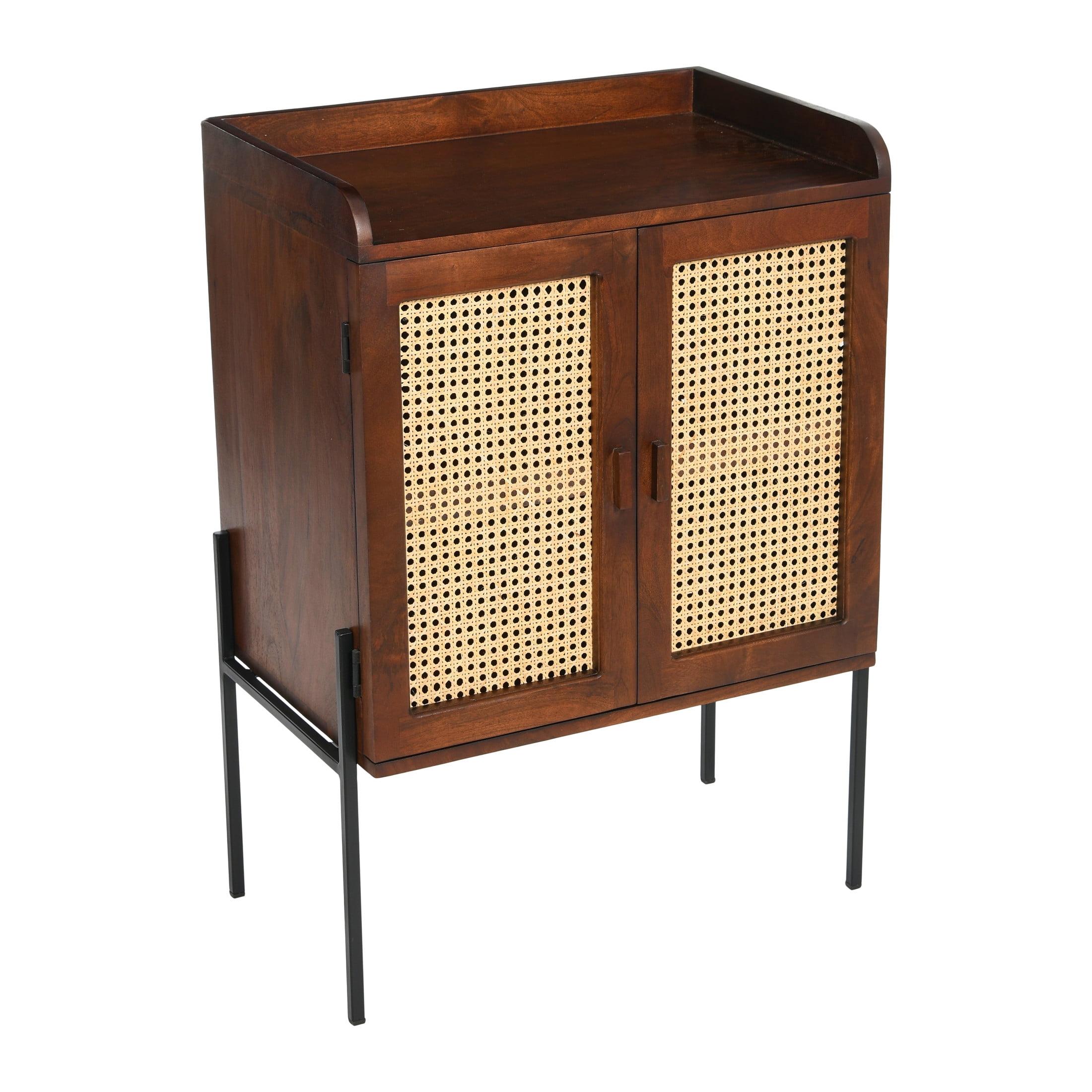 Storied Home Boho Solid Wood Bar Cabinet with Metal Legs and Woven Cane Doors