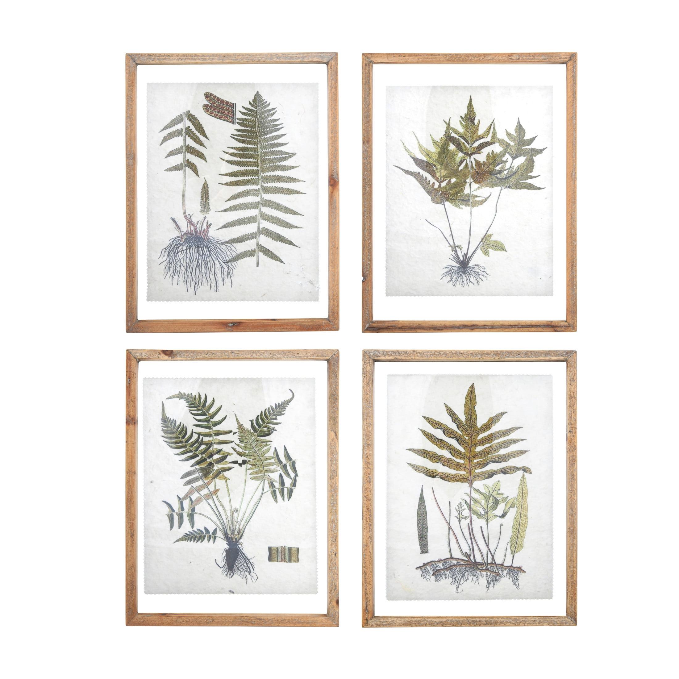 Set of 4 Green and Cream Botanical Prints with Natural Wood Frames