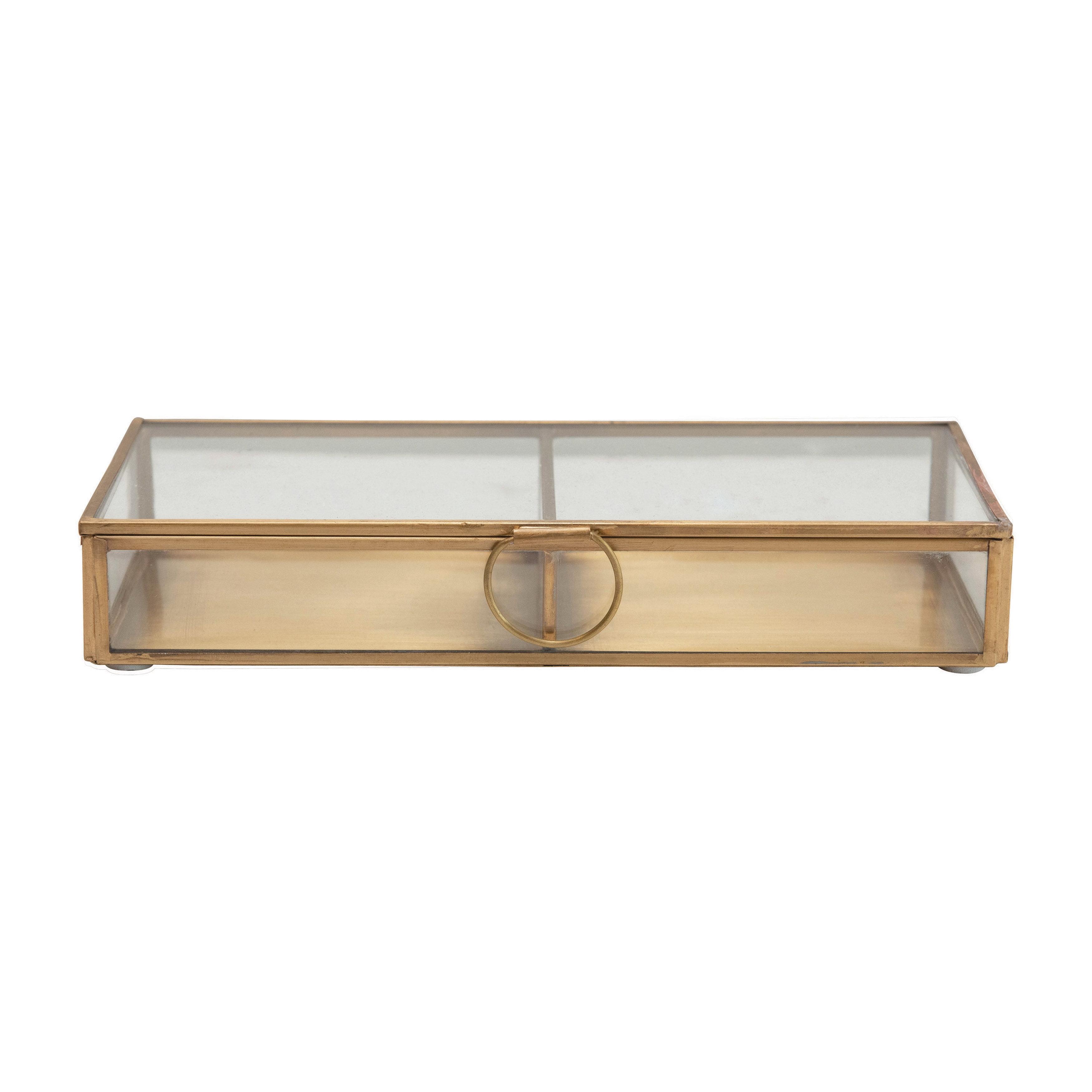 Antique Brushed Brass & Clear Glass Treasure Box, 9" x 4.25"