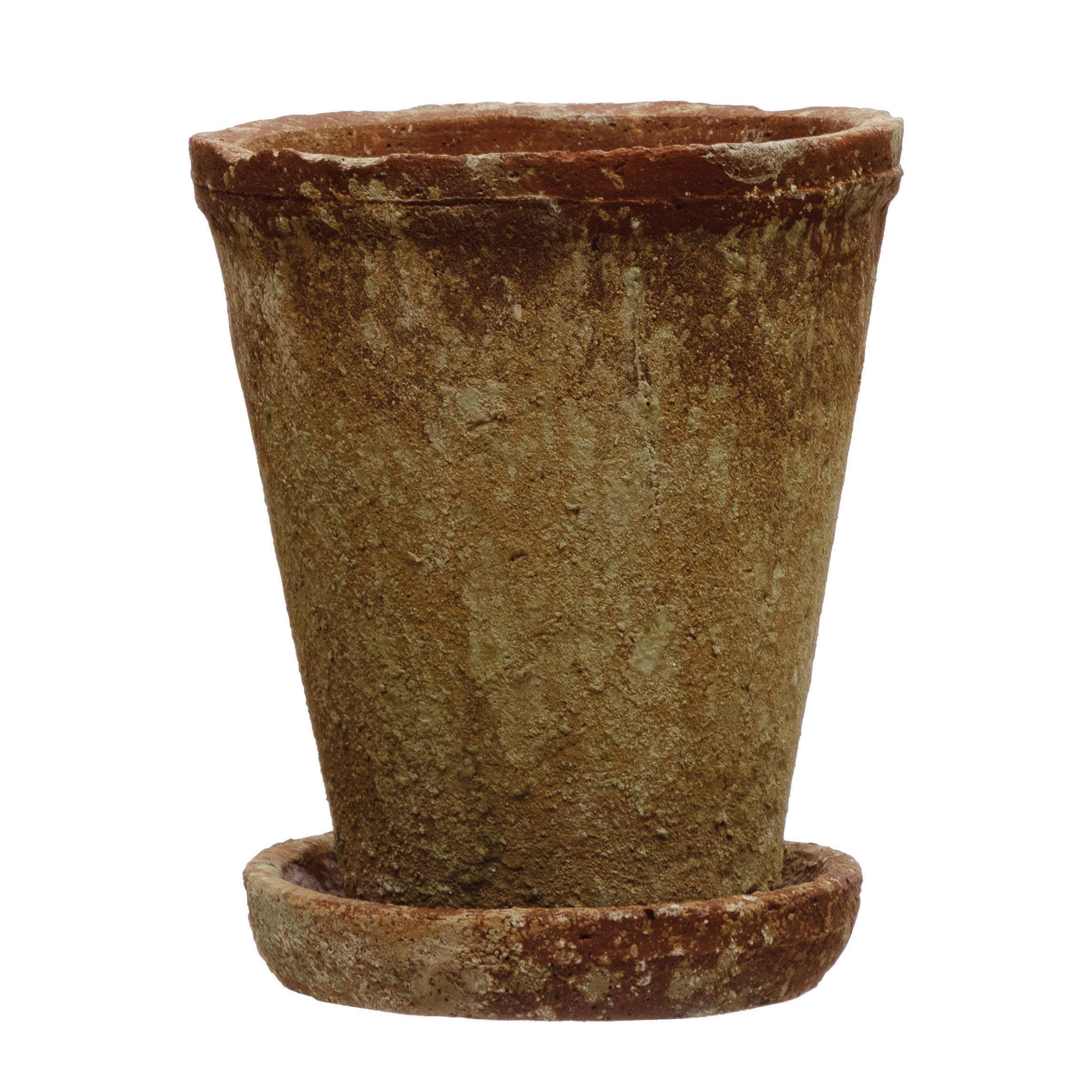 Distressed Terra-Cotta Cement Planter with Saucer, Set of 2