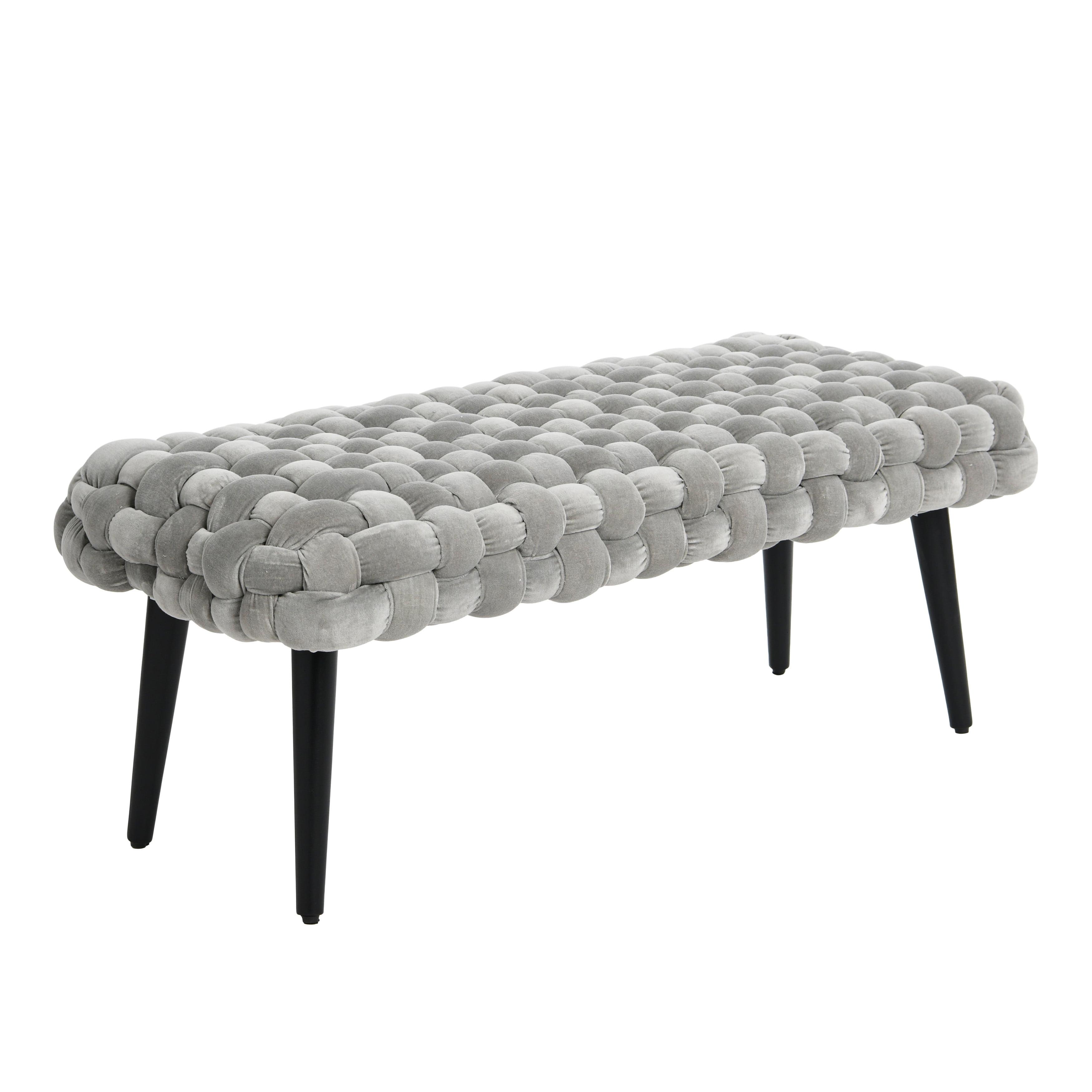 Modern Boho 44.5" Chunky Woven Velvet Bench with Solid Wood Legs, Gray & Black