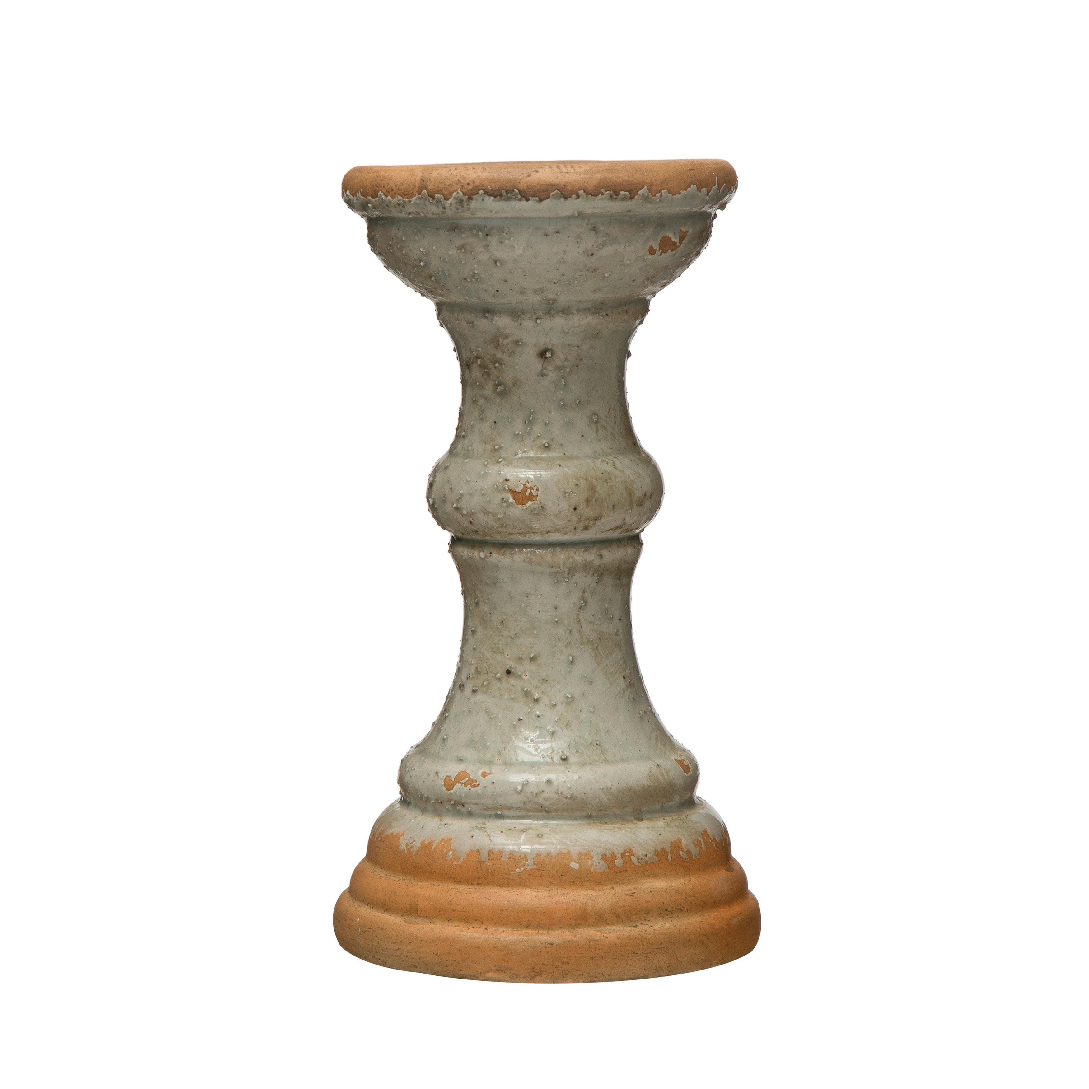 Distressed Gray and Terracotta Ceramic Pillar Candle Holder