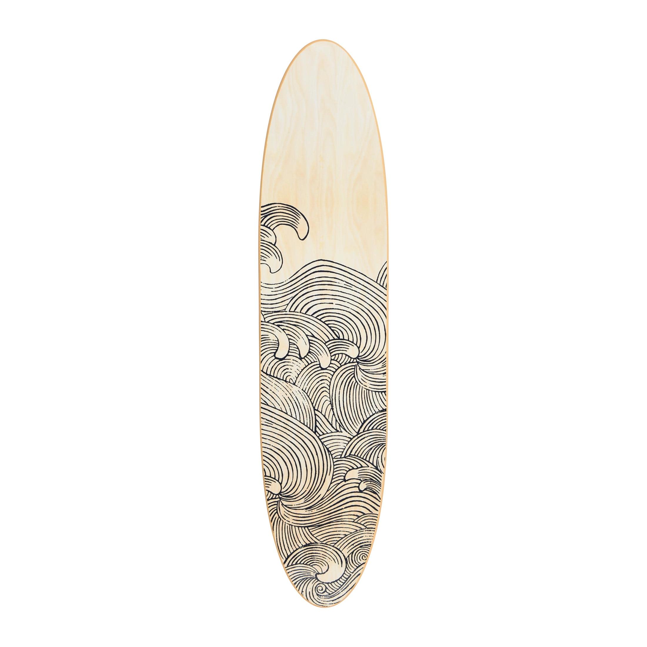 Storied Home Lacquered Wood Surfboard Wall Decor with Waves Hangs Vertical or Horizontal: Matte Finish, Abstract Pattern