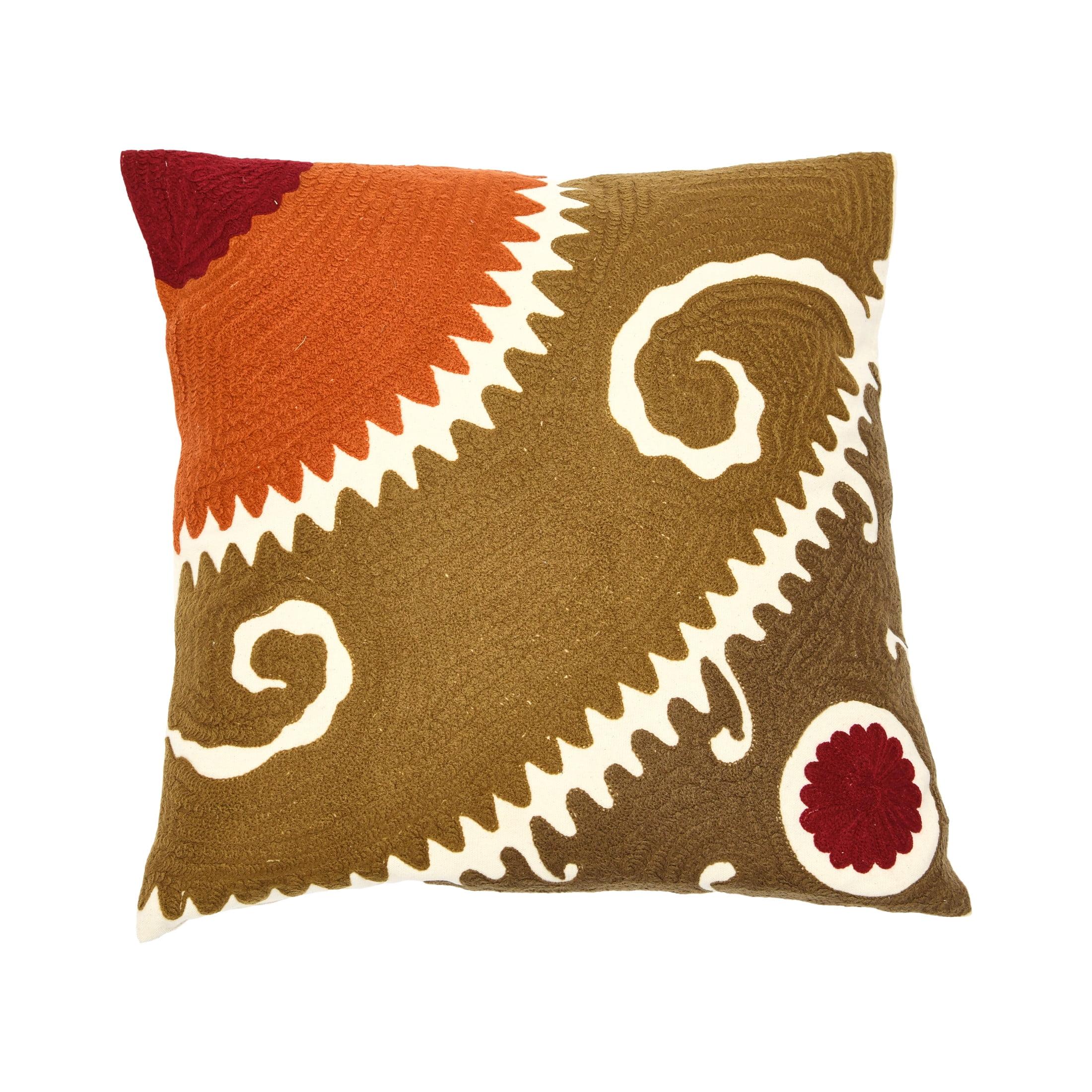 Suzani Embroidered Cotton Square Pillow, 18"