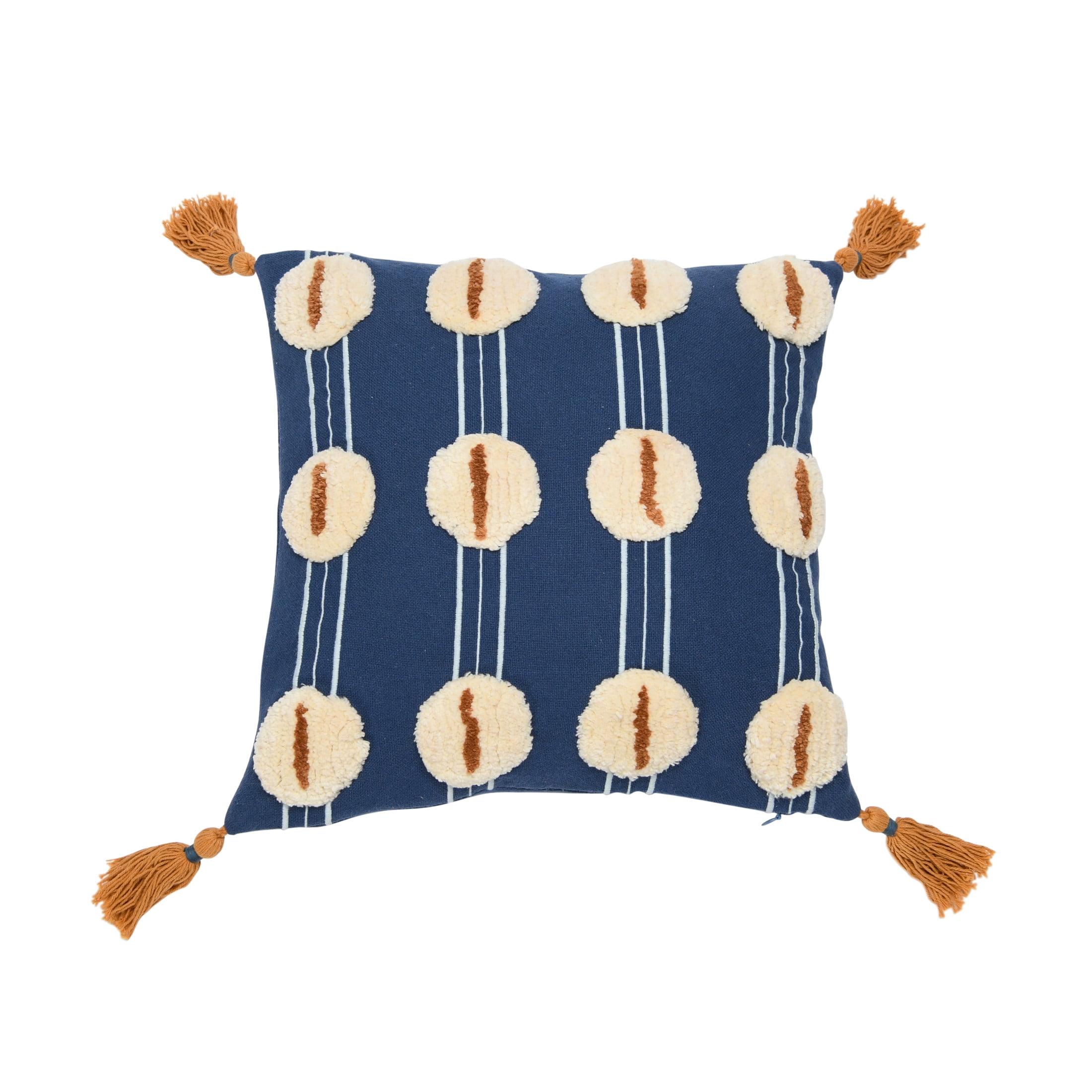 Blue Cotton Embroidered Square Pillow with Tassels