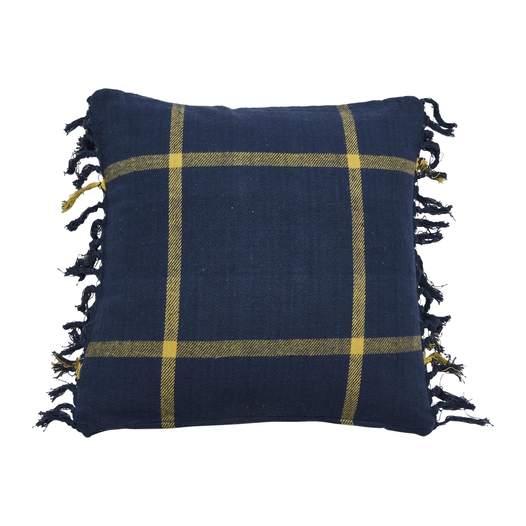 Blue Cotton Flannel Plaid Fringe Throw Pillow, 18" Square