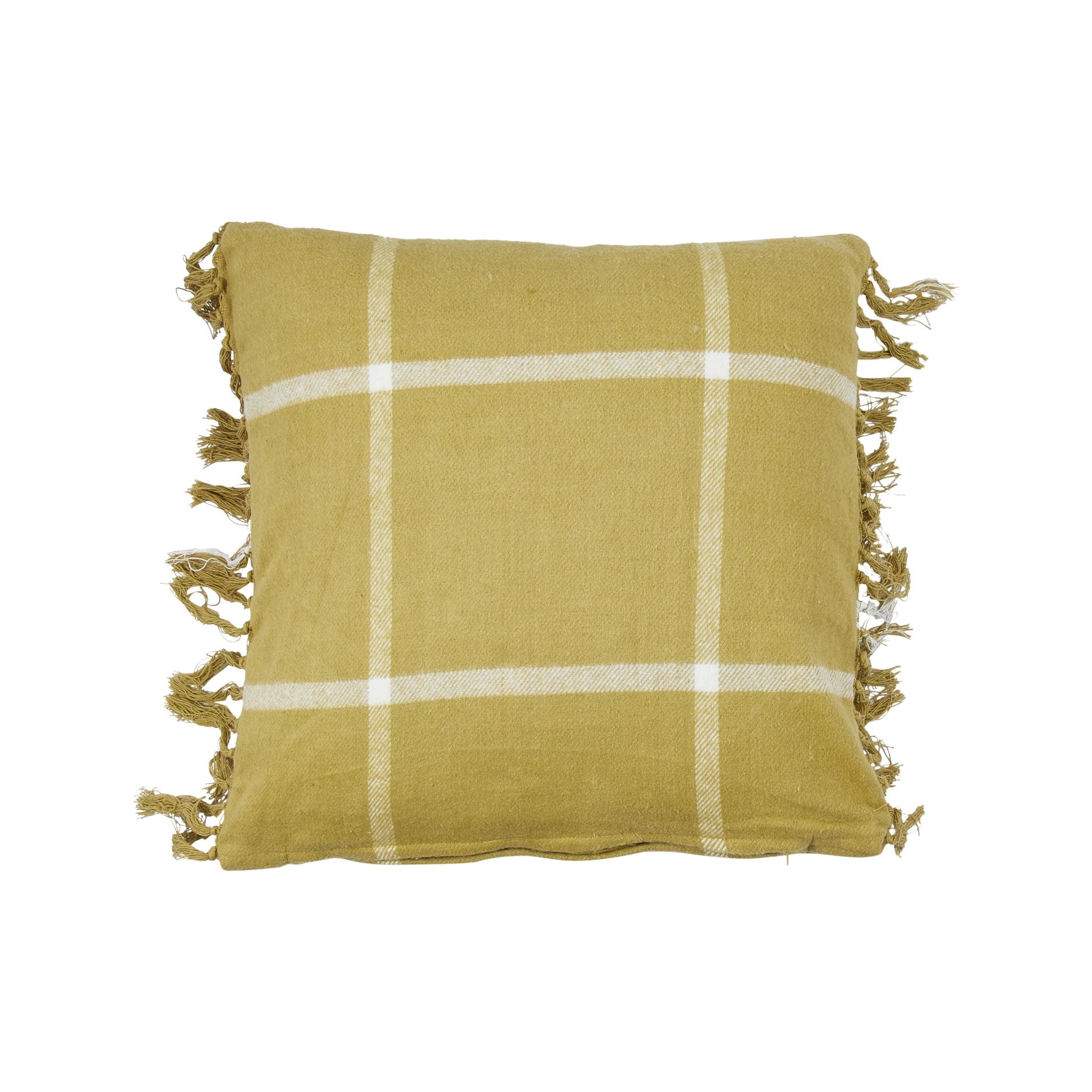 Citron Square Cotton Flannel Plaid Throw Pillow with Decorative Fringe