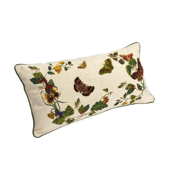 Creative Co-Op Cotton Lumbar Pillow with Butterflies, Flowers, Embroidery, and Piping