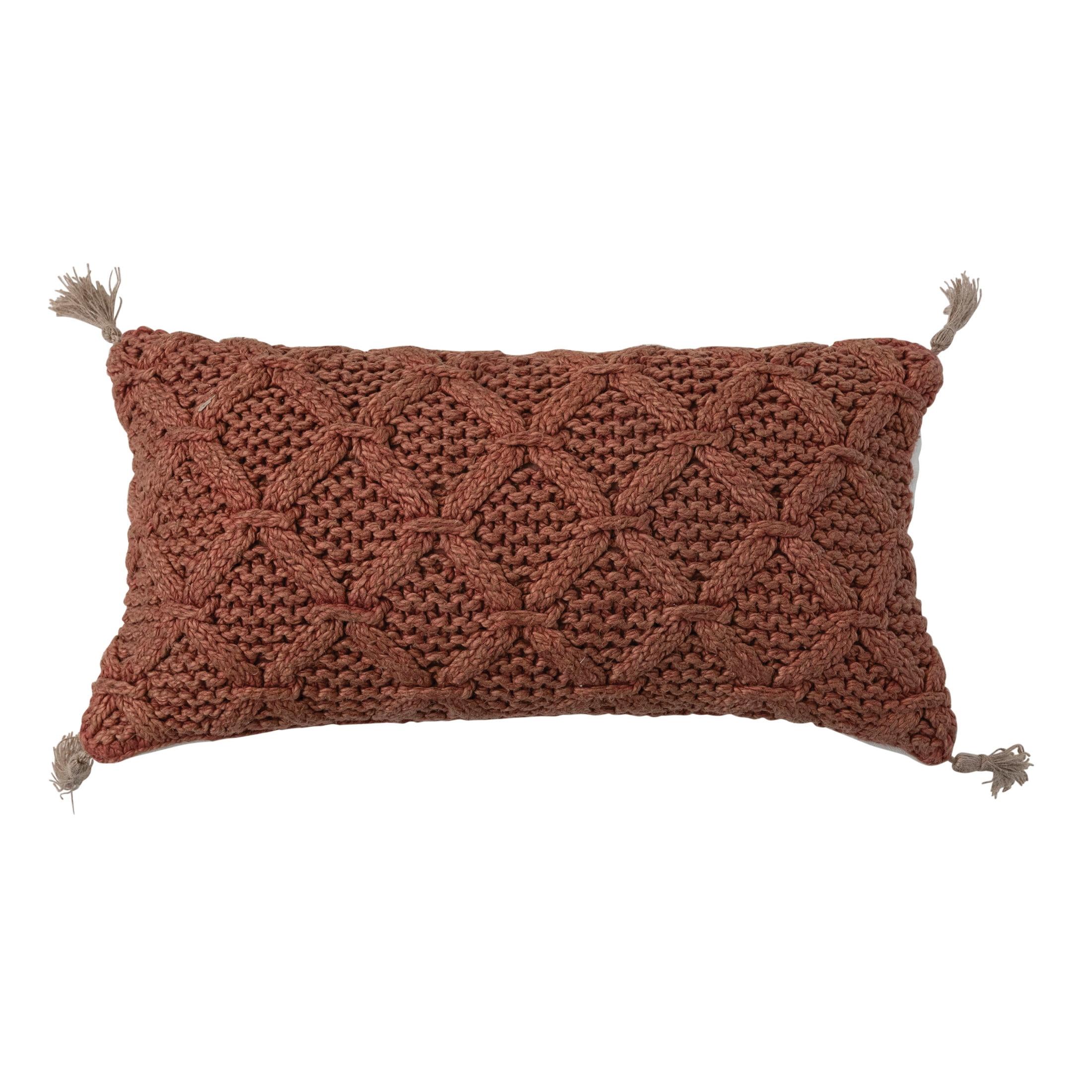 Rust Cotton Slub Lumbar Pillow with Diamond Weave and Tassels