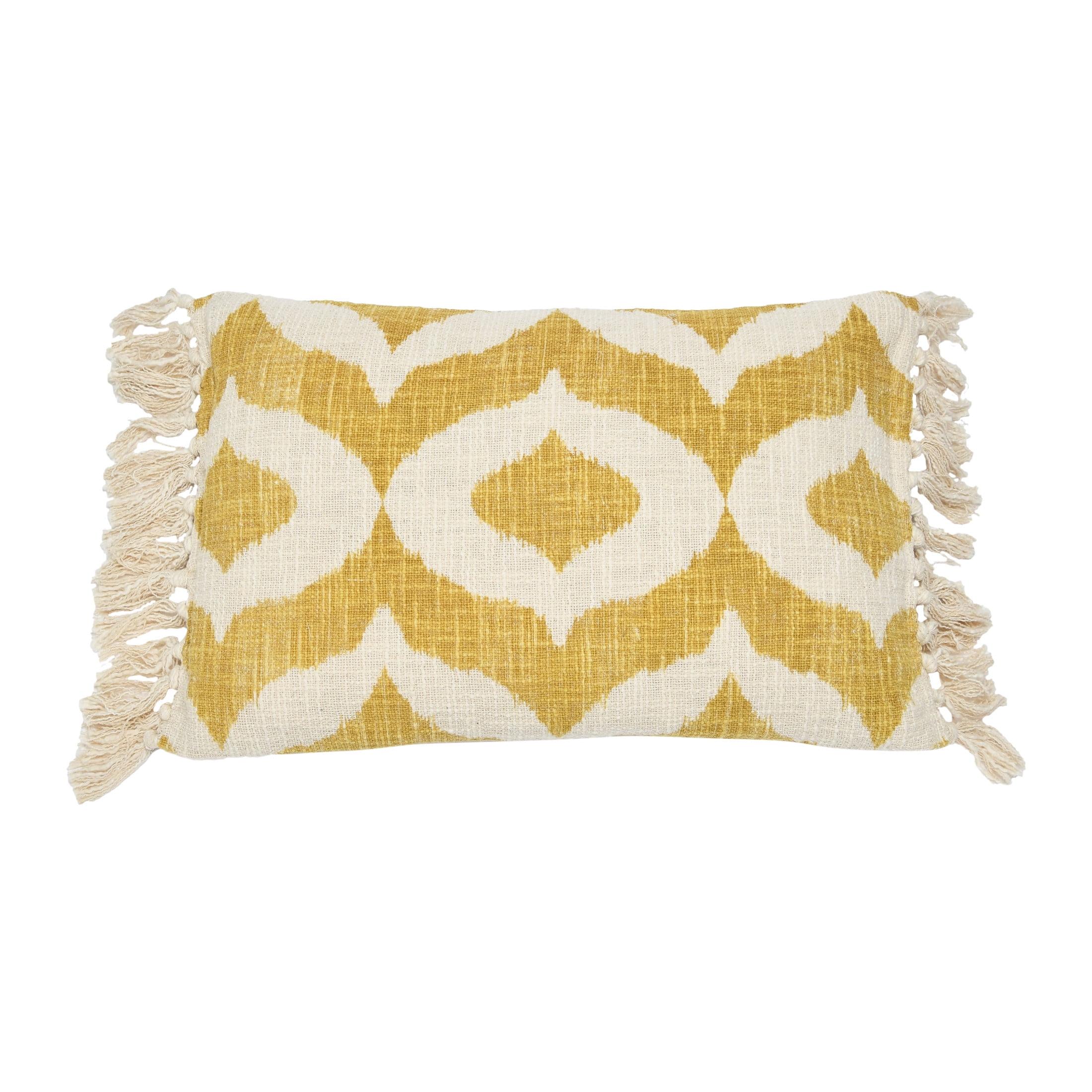 Mustard and Natural Bohemian Cotton Slub Lumbar Pillow with Ikat Tassels