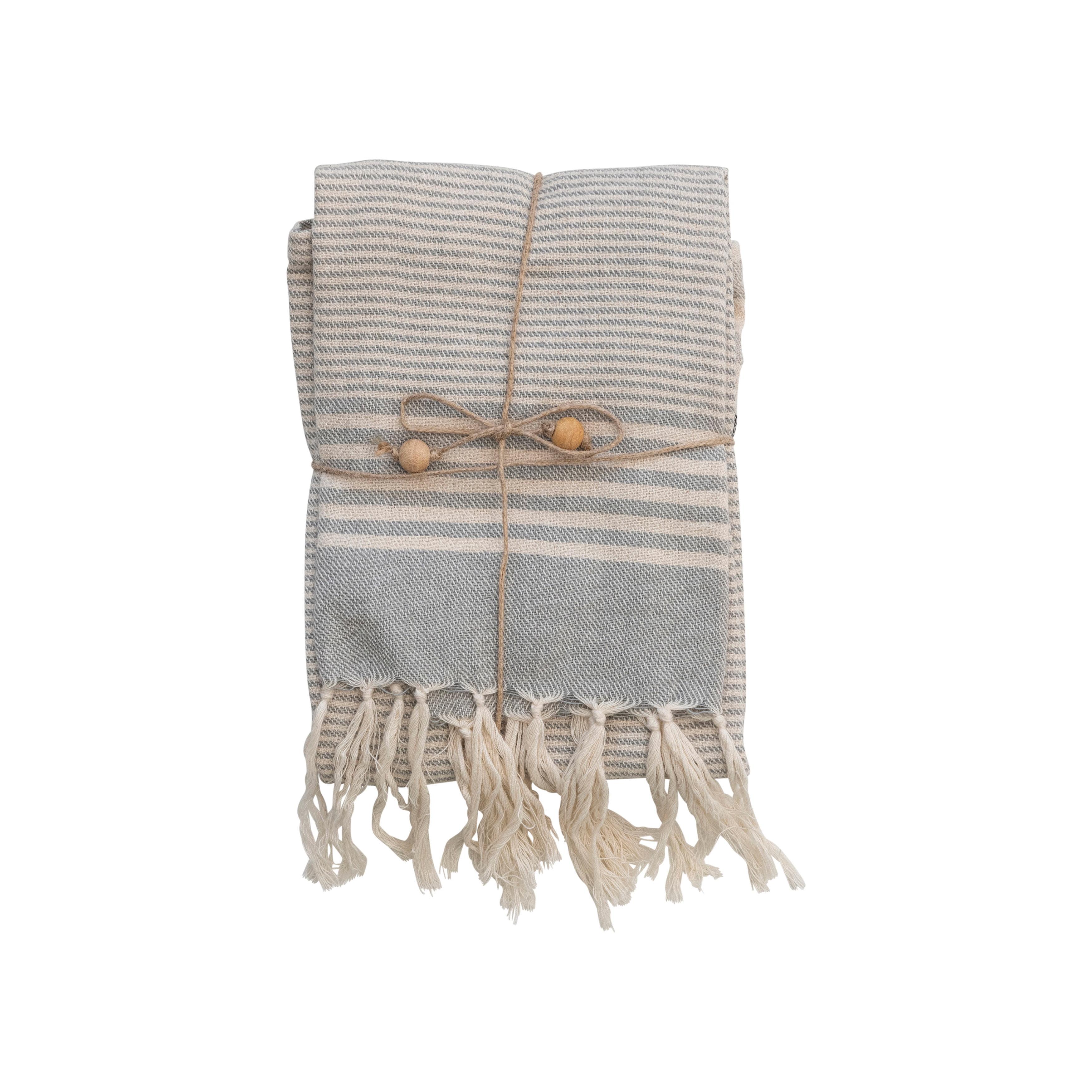 Striped Cotton Tea Towels with Fringe, Set of 3