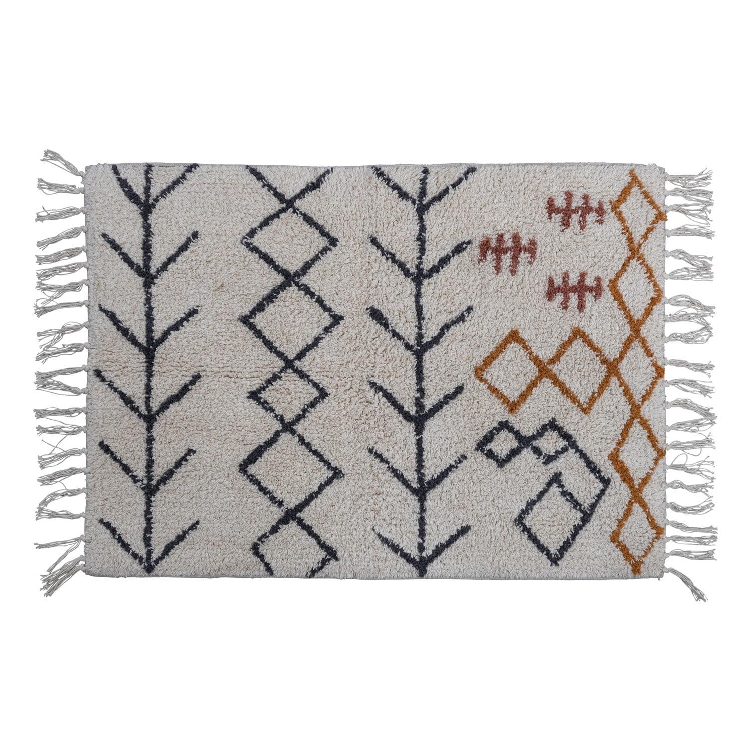 Creative Co-Op Cotton Tufted Bath Mat with Abstract Design and Fringe