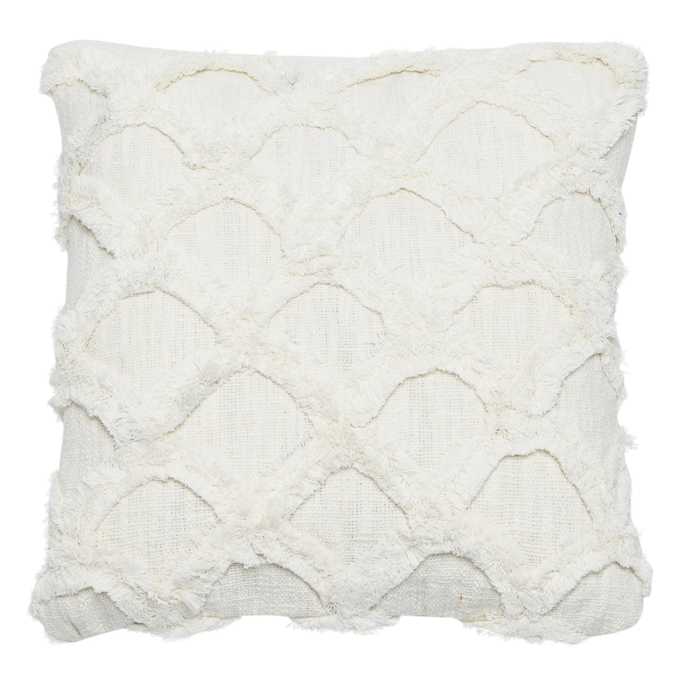 18" White Cotton Polyester Square Throw Pillow with Scallop Pattern