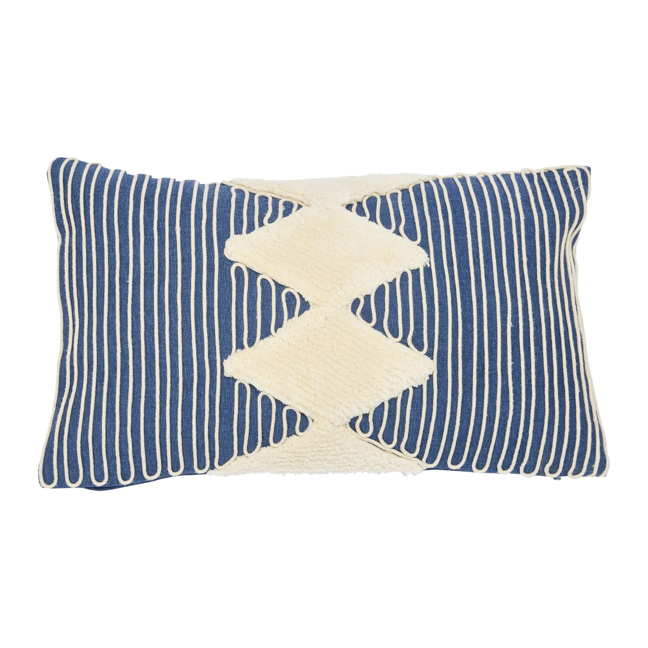 Blue and Beige Cotton Tufted Lumbar Pillow with Embroidered Rope Stripes