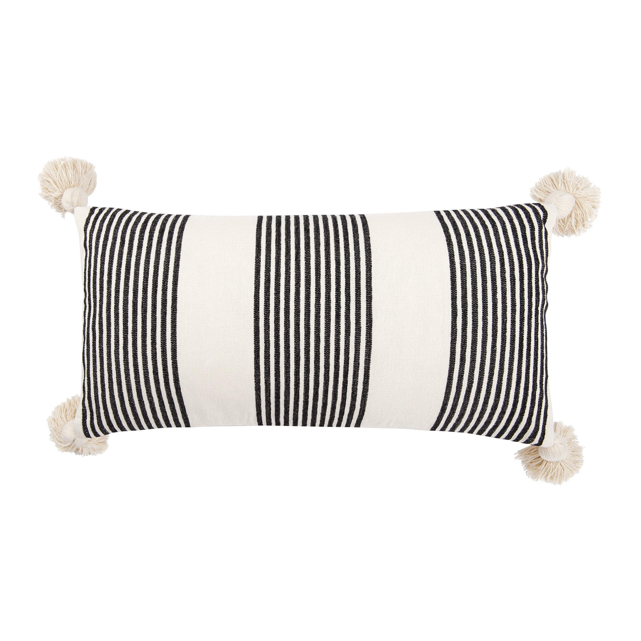 Black and Cream Cotton Chenille Striped Lumbar Pillow with Tassels