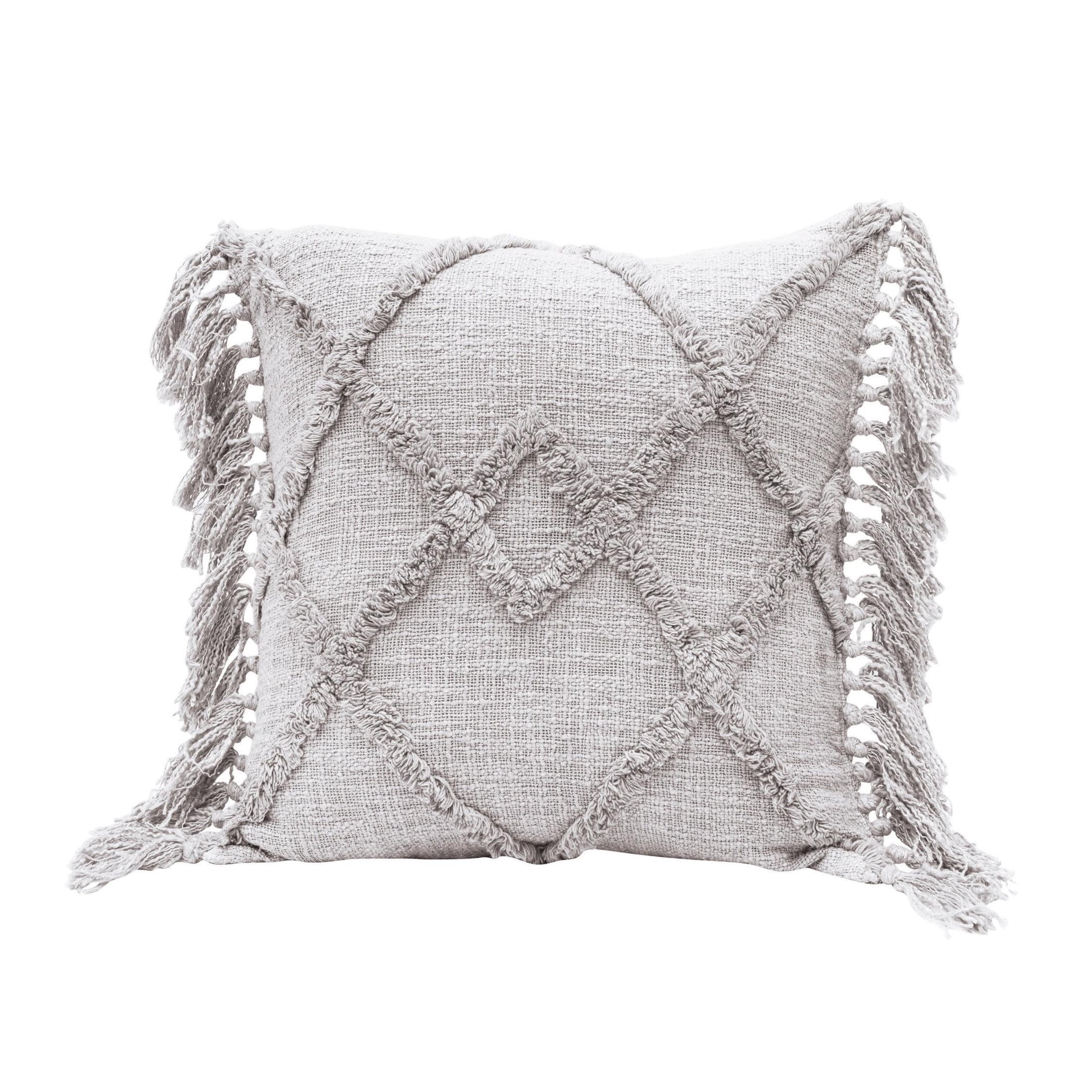 Grey Cotton Blend Tufted Pattern Pillow with Fringe