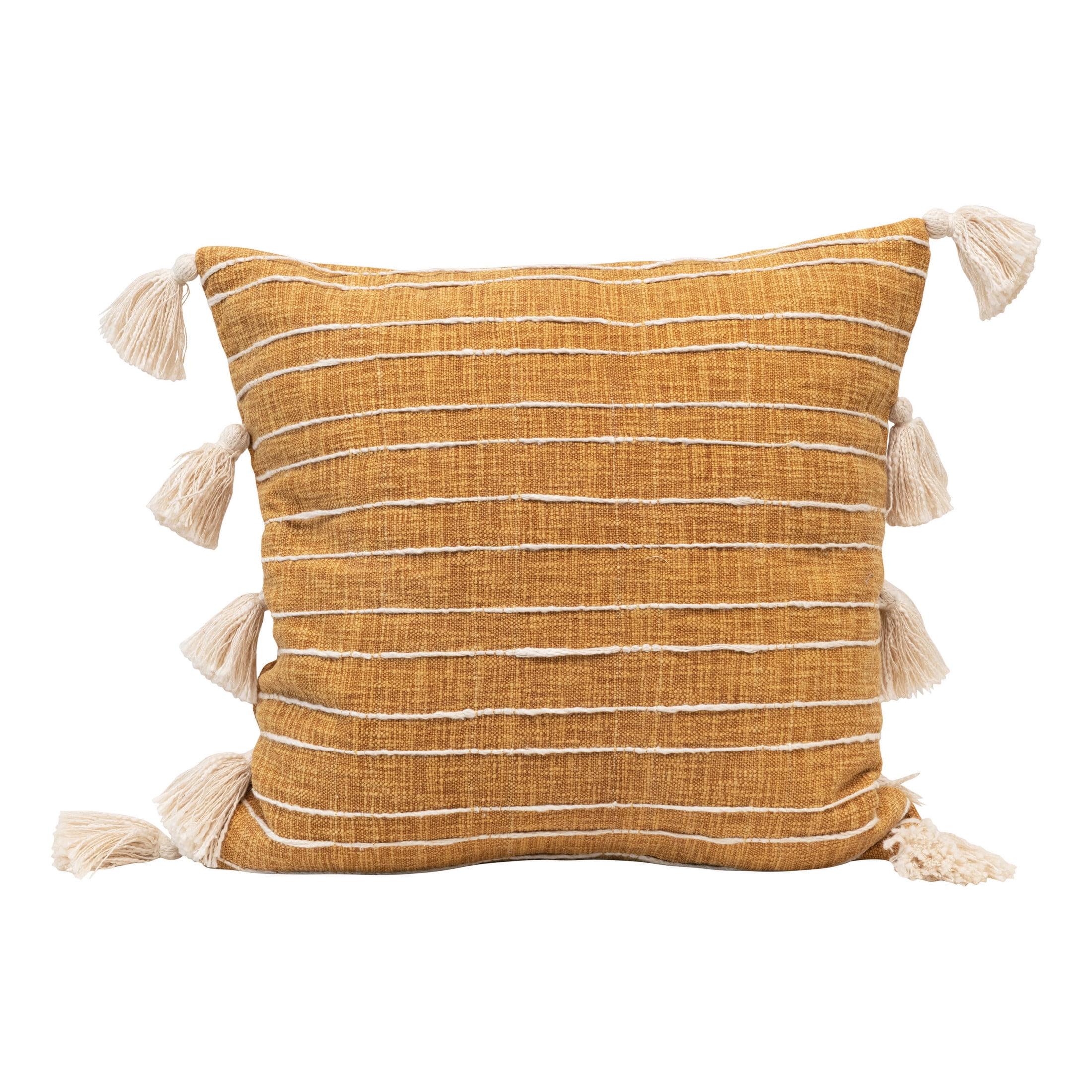 Mustard and White Cotton Woven Pillow with Tassels, 22" Square