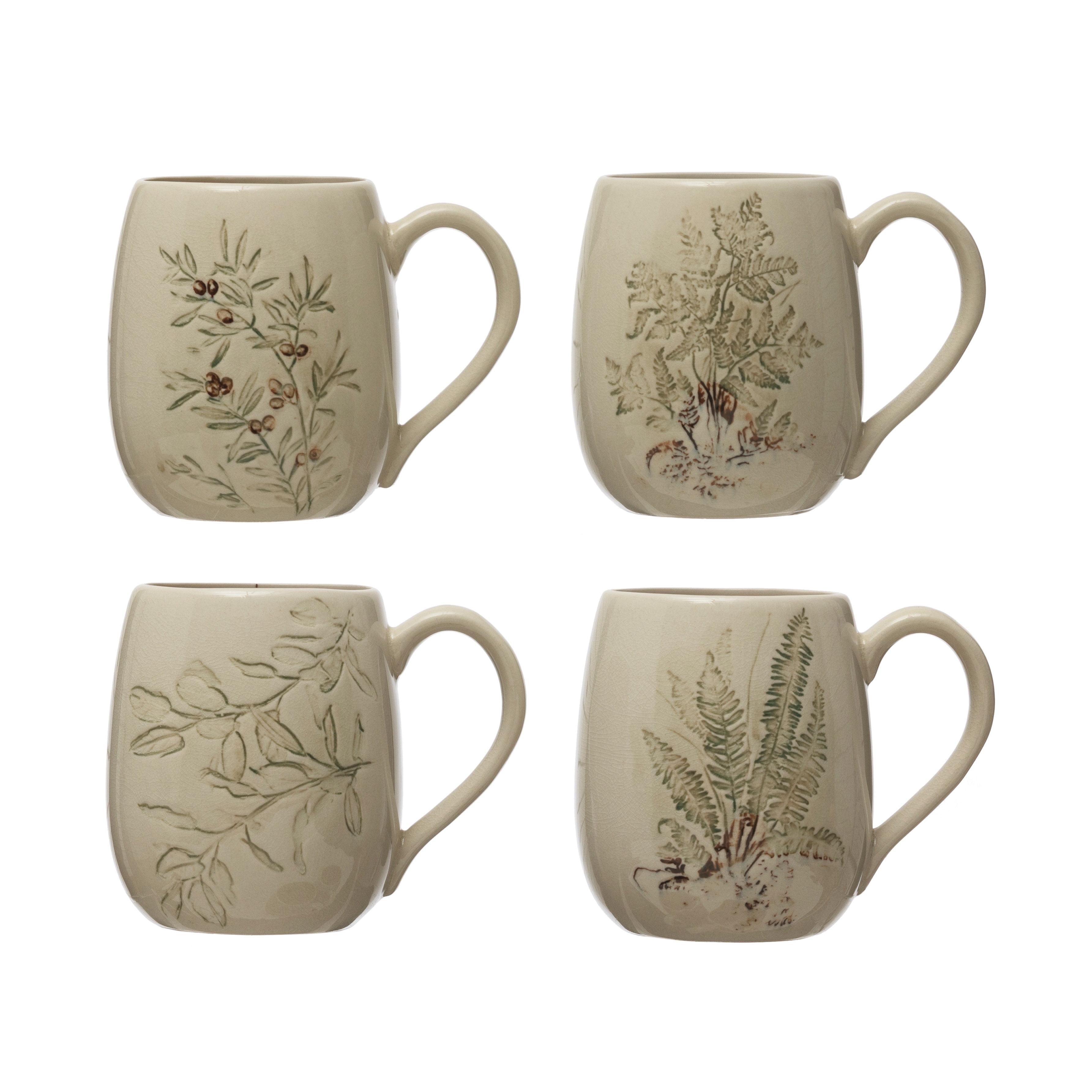 Cream and Green Botanical Ceramic Mug Set, 5.25-inch