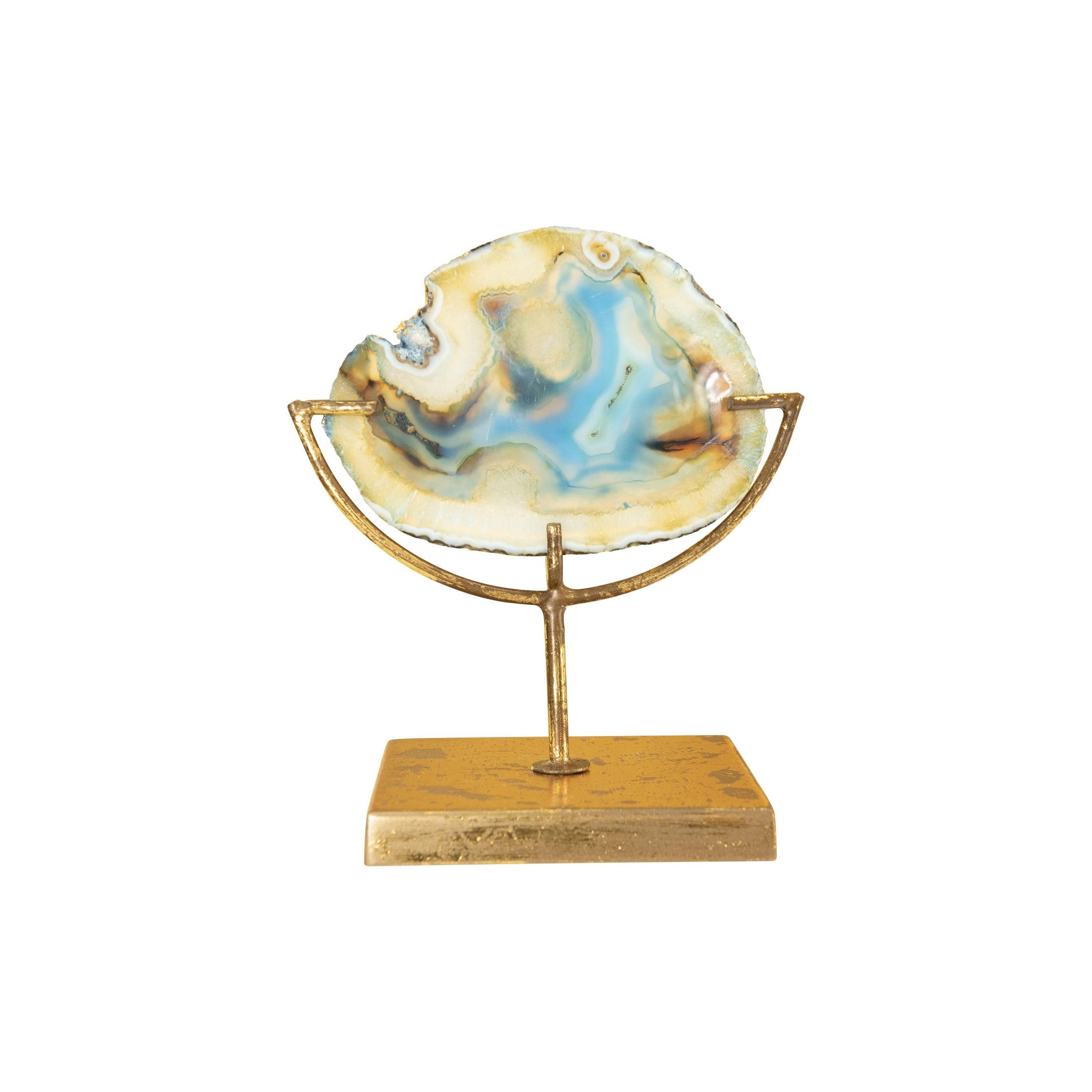 Blue Agate Stone Slice on Gold Metal Stand