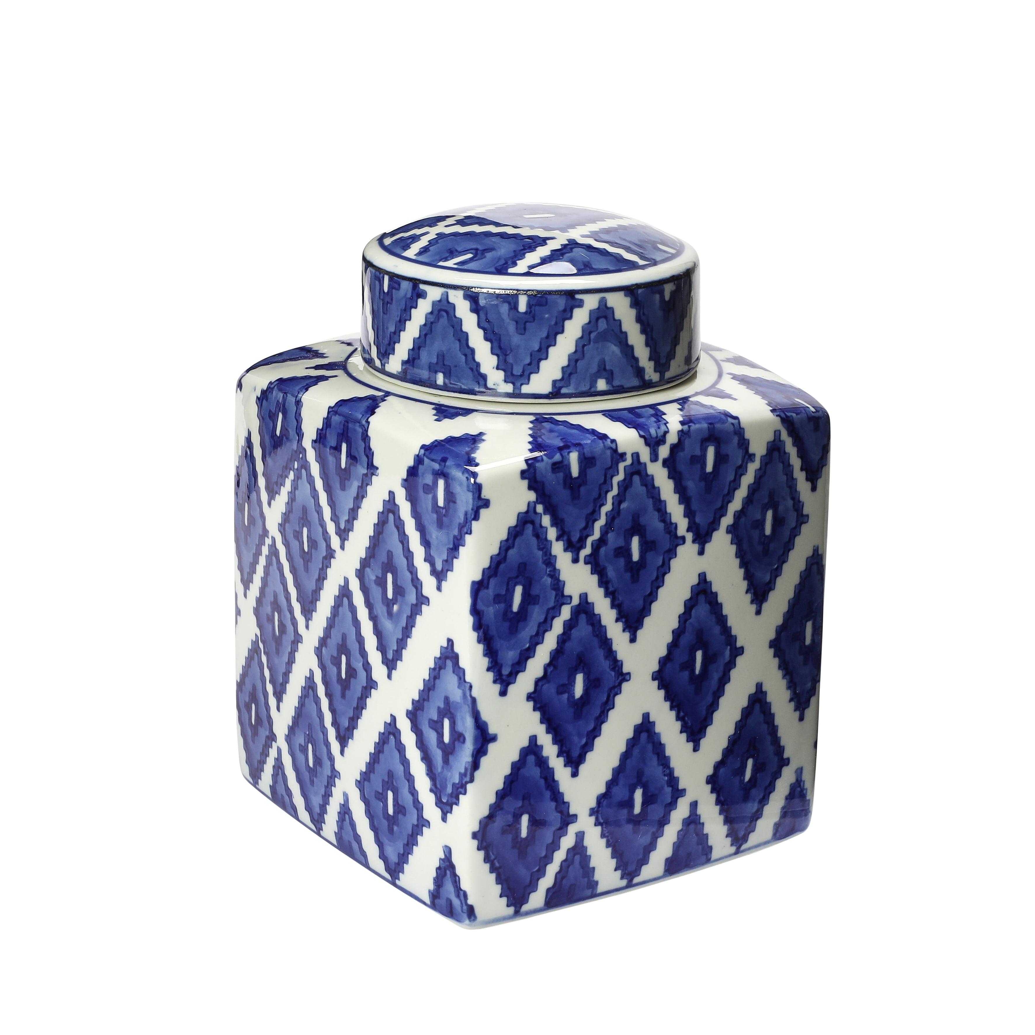 Creative Co-Op Decorative Diamond Square Ceramic Ginger Jar with Lid, Blue and White