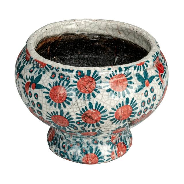 Creative Co-Op Decorative Printed Terra-cotta Footed Planter and Crackle Glaze, Multicolor