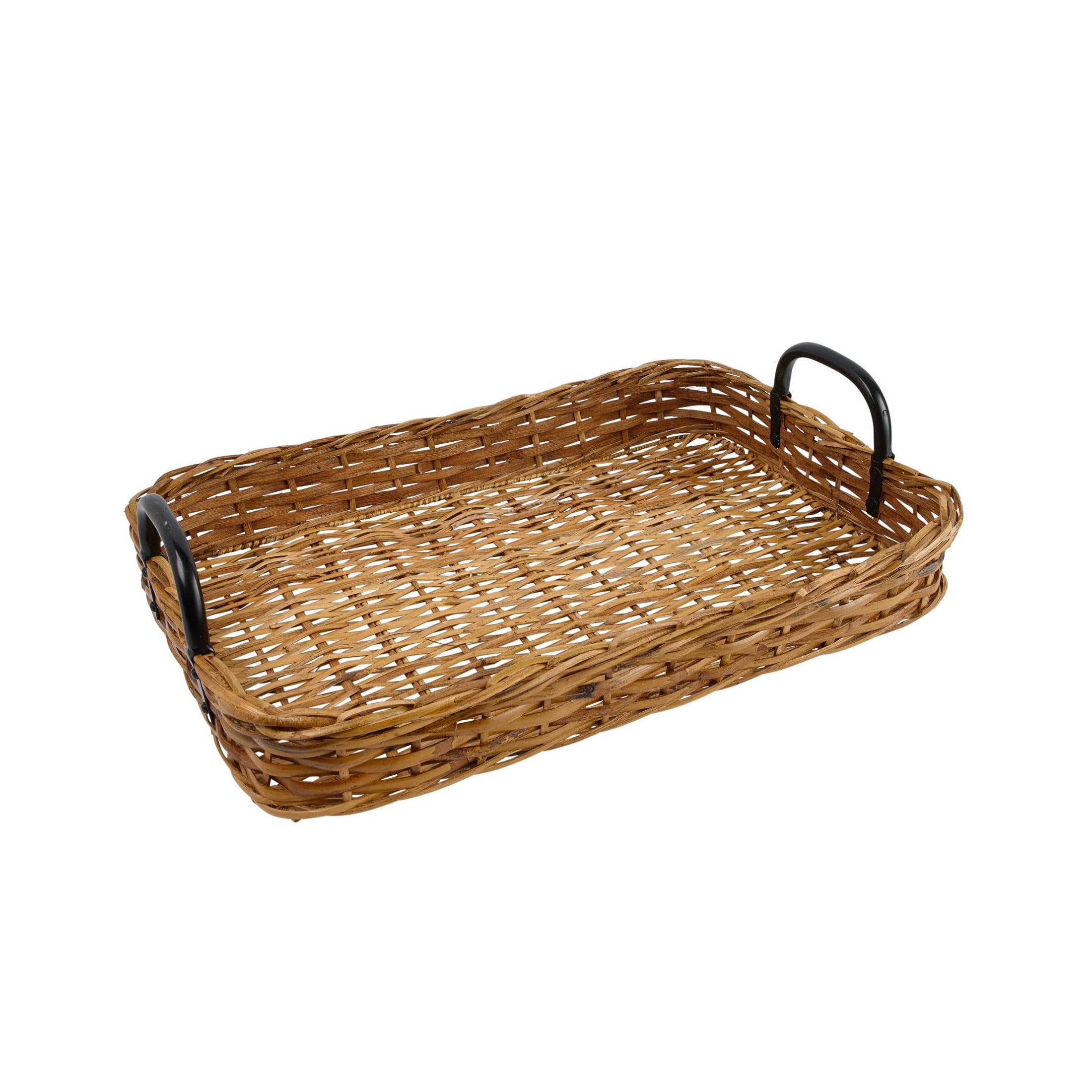 Creative Co-Op Decorative Woven Rattan Tray with Metal Handles, Natural and Black