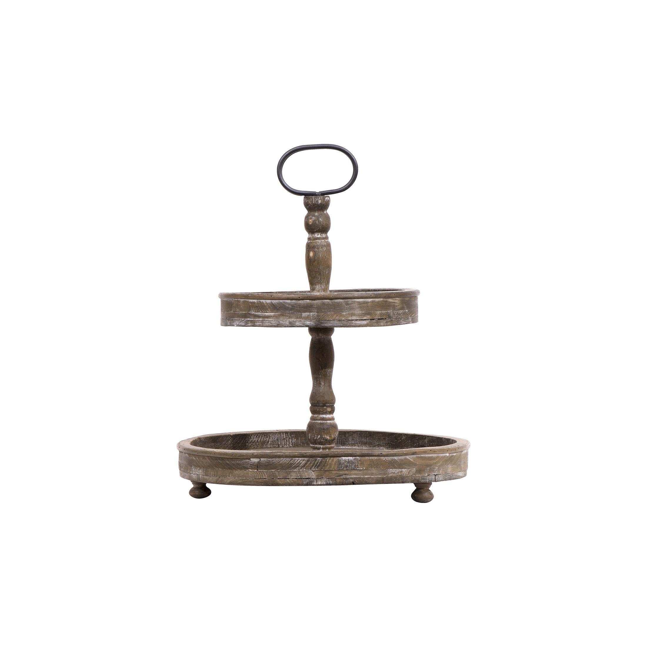 Rustic Brown Wood 2-Tier Round Tray with Metal Handle