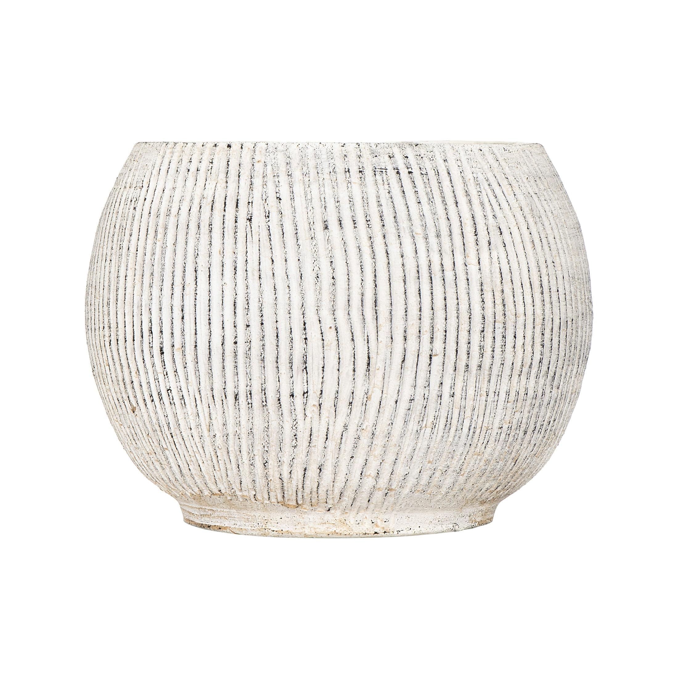 Small Distressed Cream Terracotta Round Planter with Fluted Texture