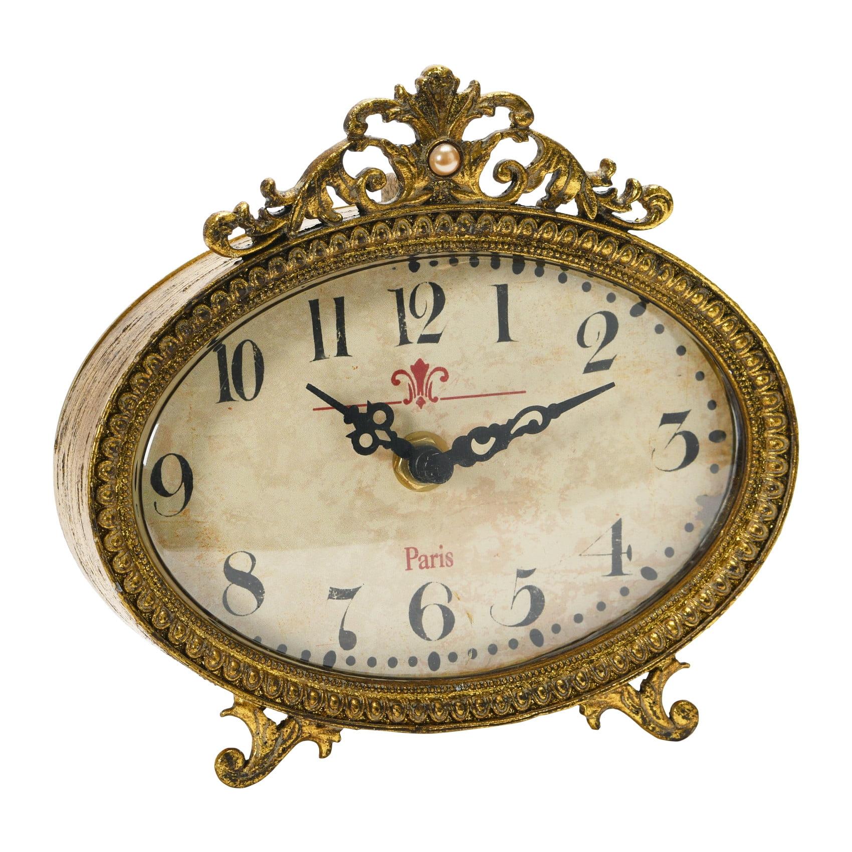 Distressed Gold and Pewter Mantel Clock with Intricate Detailing