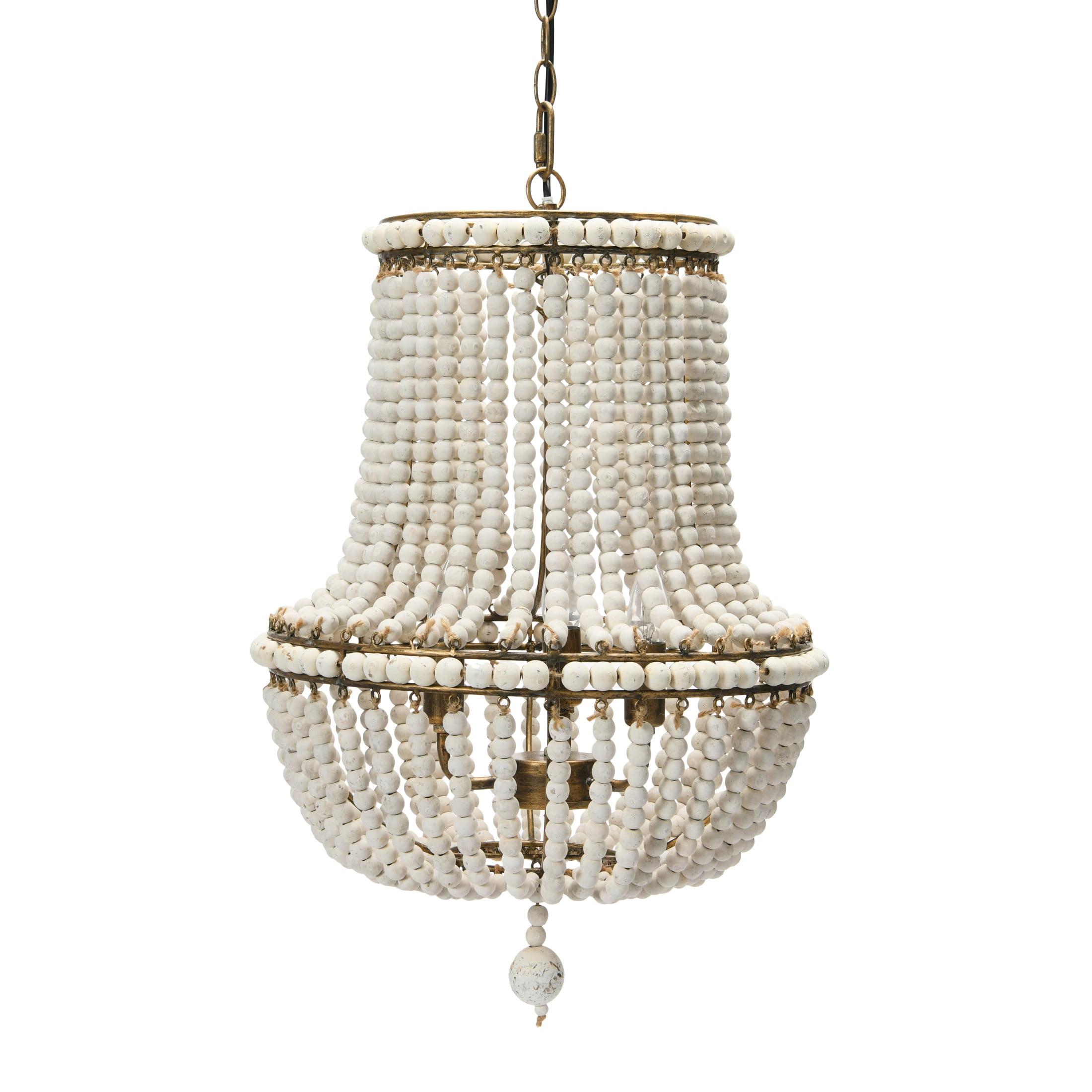 Off-White Draped Wood Bead Chandelier with Iron Frame