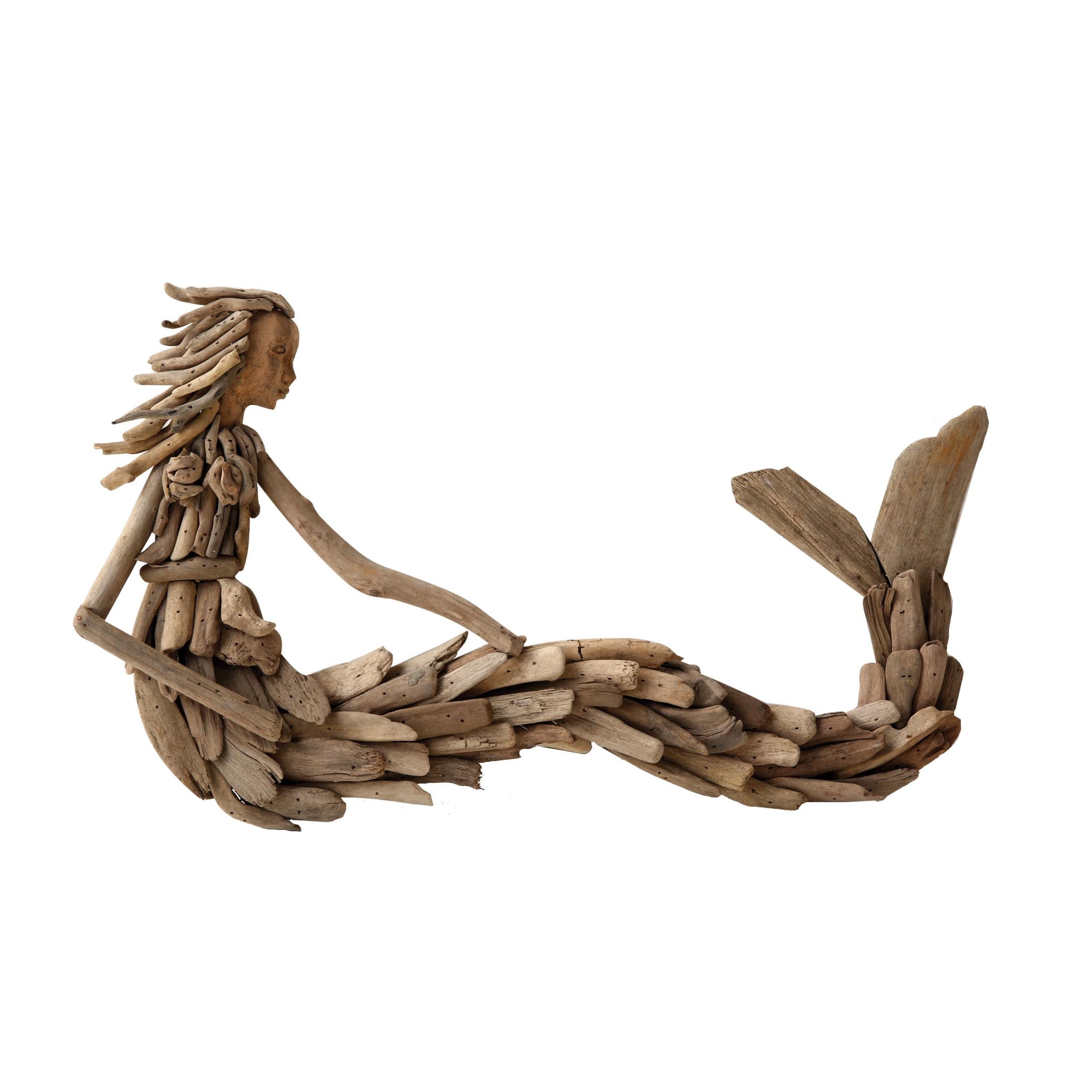 Storied Home Driftwood Sitting Mermaid Wall Decoration - Hardwood Sculpture, Nautical Decor, 13" Height