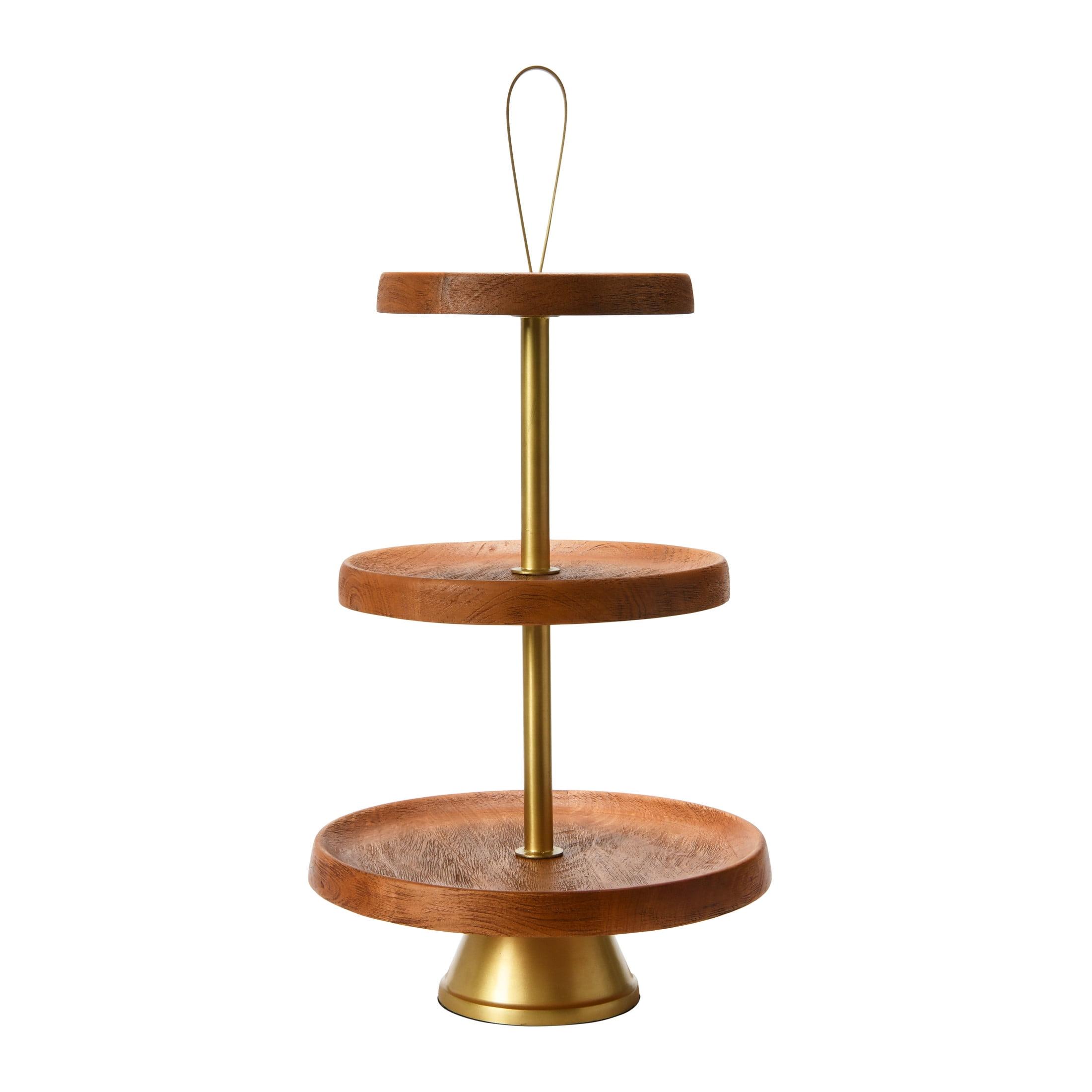 Elegant Natural Wood & Gold 3-Tier Dessert Display Stand 12"x21.5"