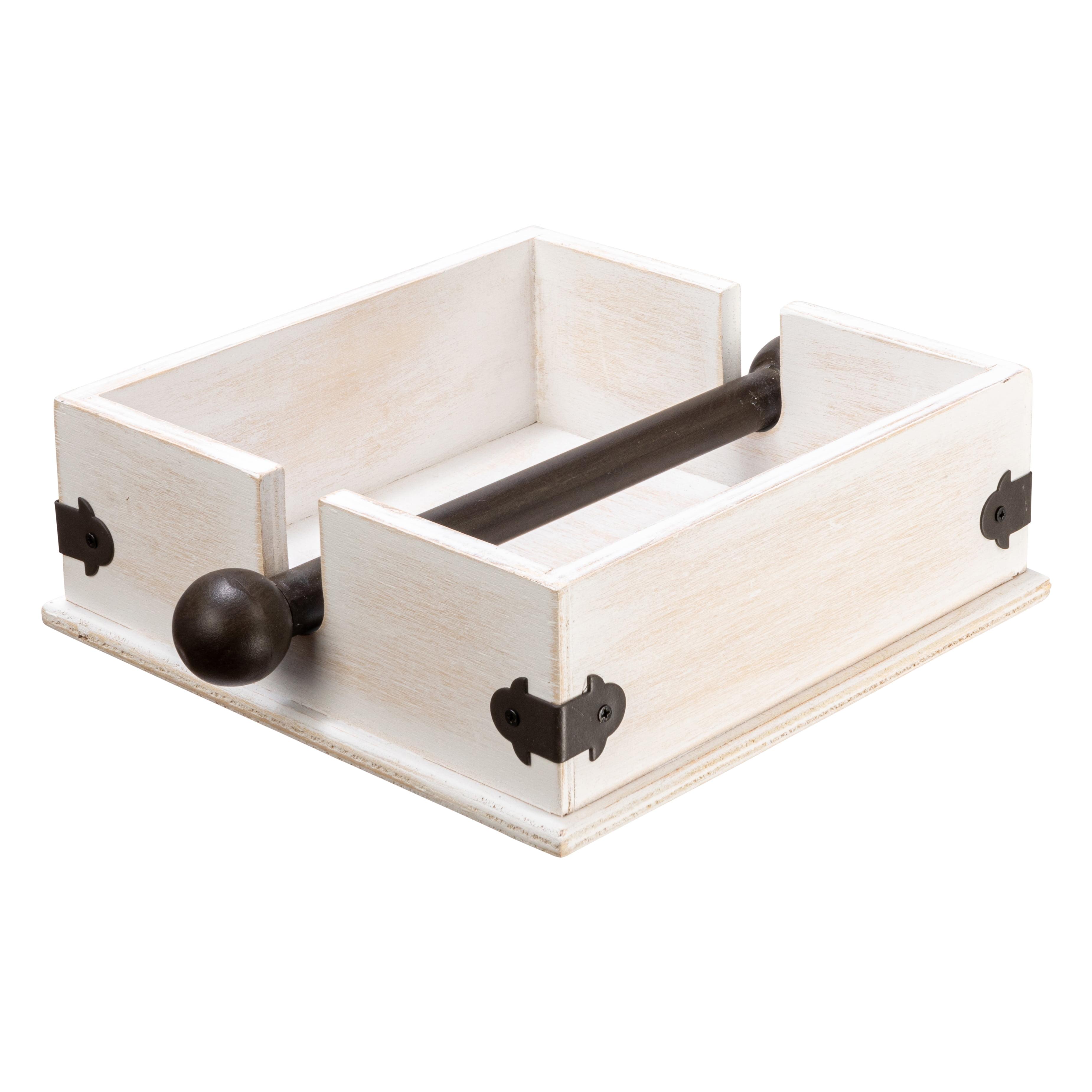 Creative Co-Op Farmhouse Square Wood and Metal Napkin Holder, Whitewashed Finish