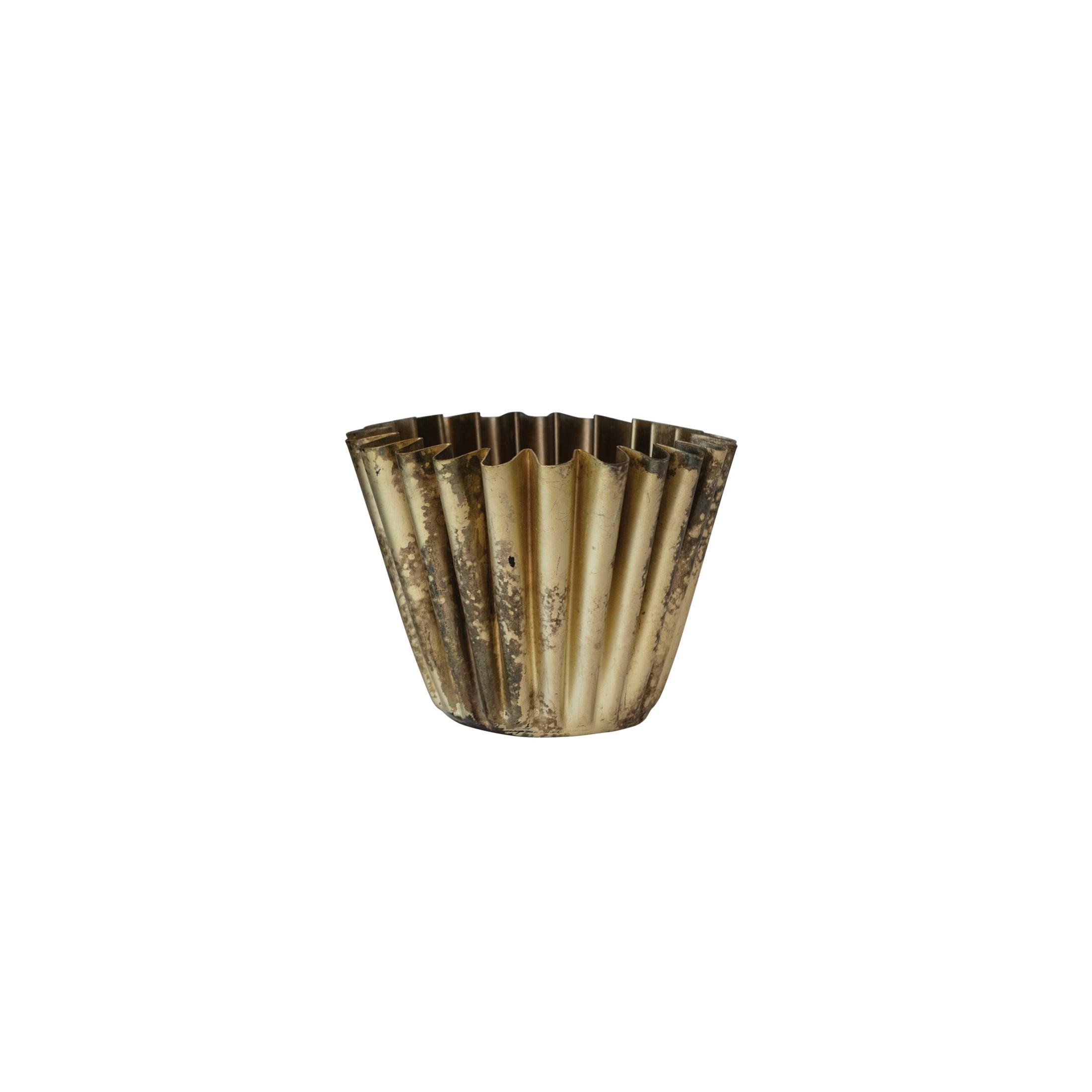 Small Antique Brass Fluted Metal Planter Vase