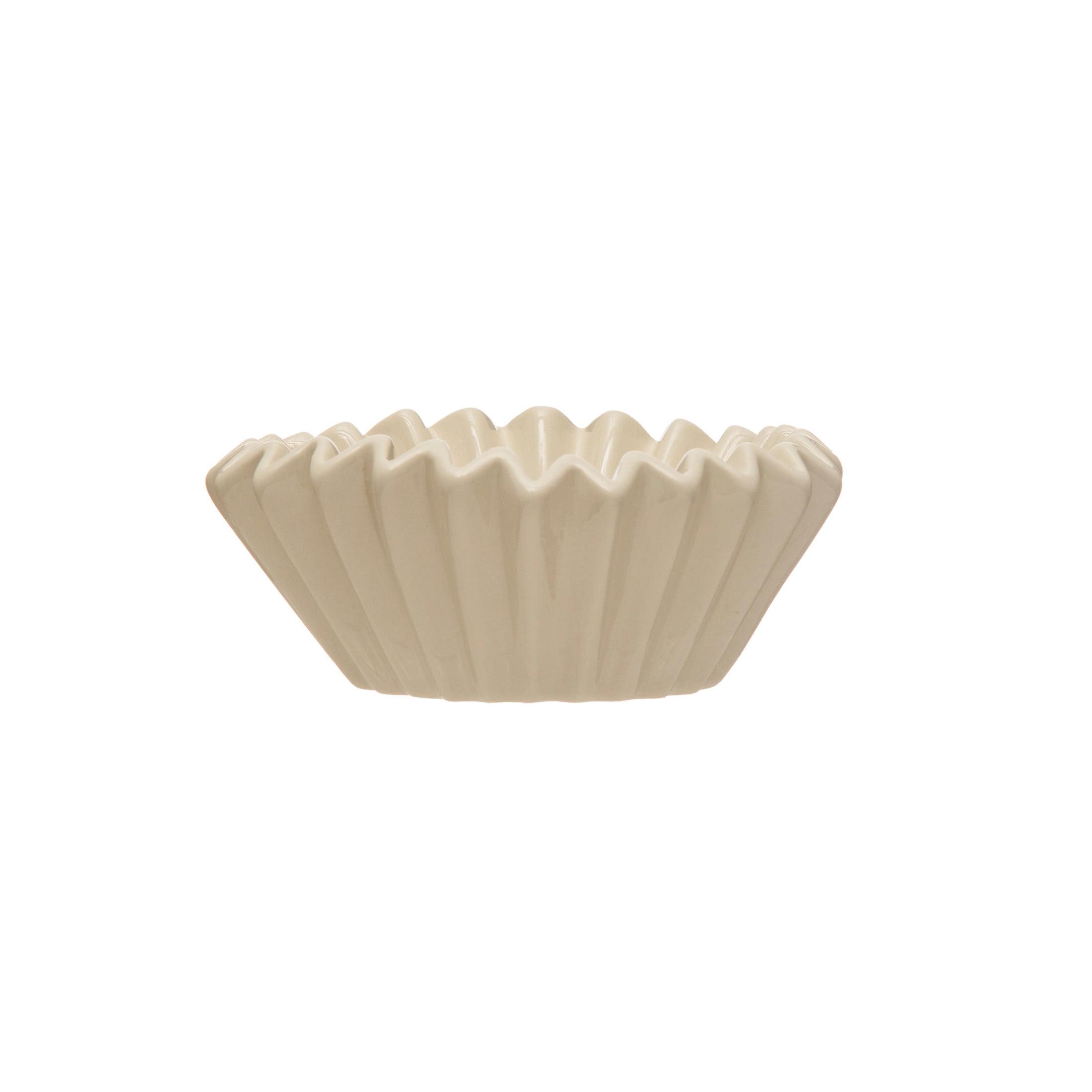 White Fluted Ceramic Serving Bowl with Zigzag Edge