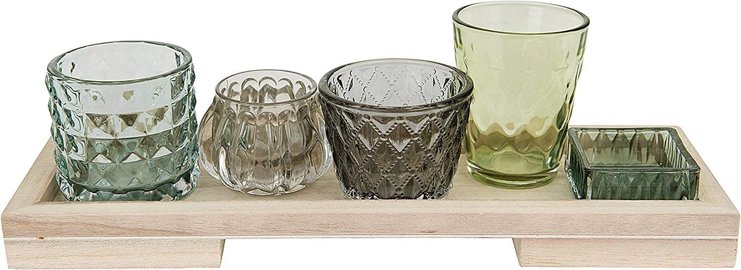 Embossed Glass Votive Holders with Natural Wood Tray, Set of 5