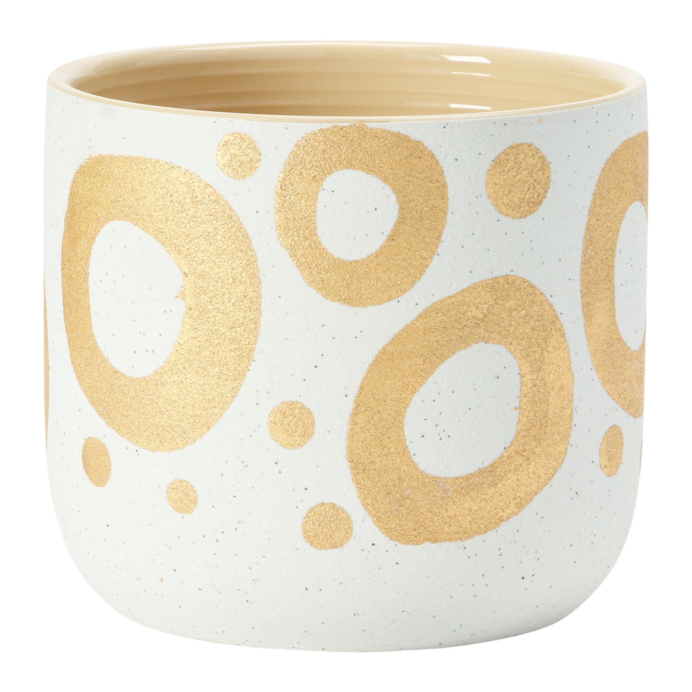 Elegant Hand-Painted Gold Circle Stoneware Planter, 6.5" White