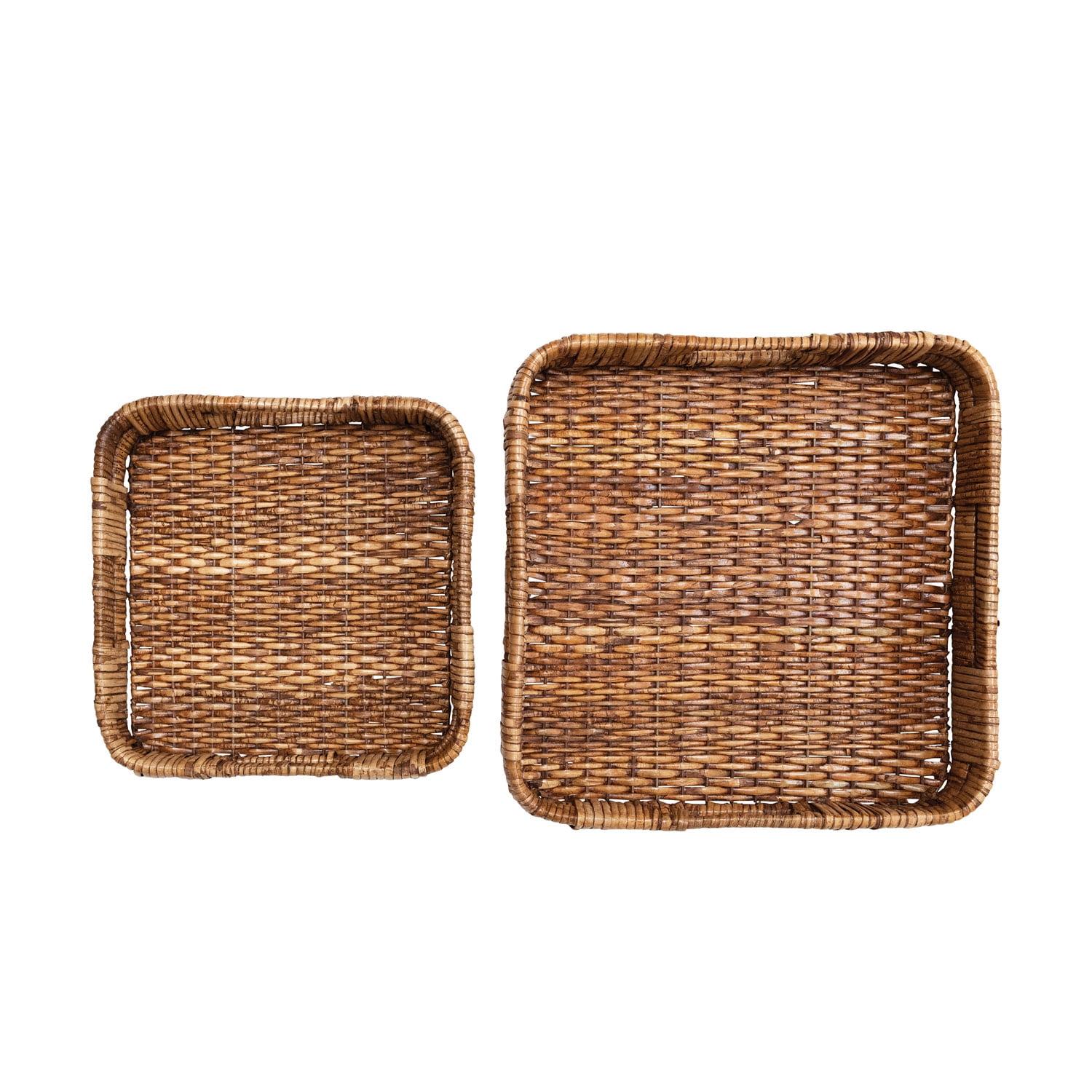 Natural Hand-Woven Square Rattan Trays with Handles, Set of 2