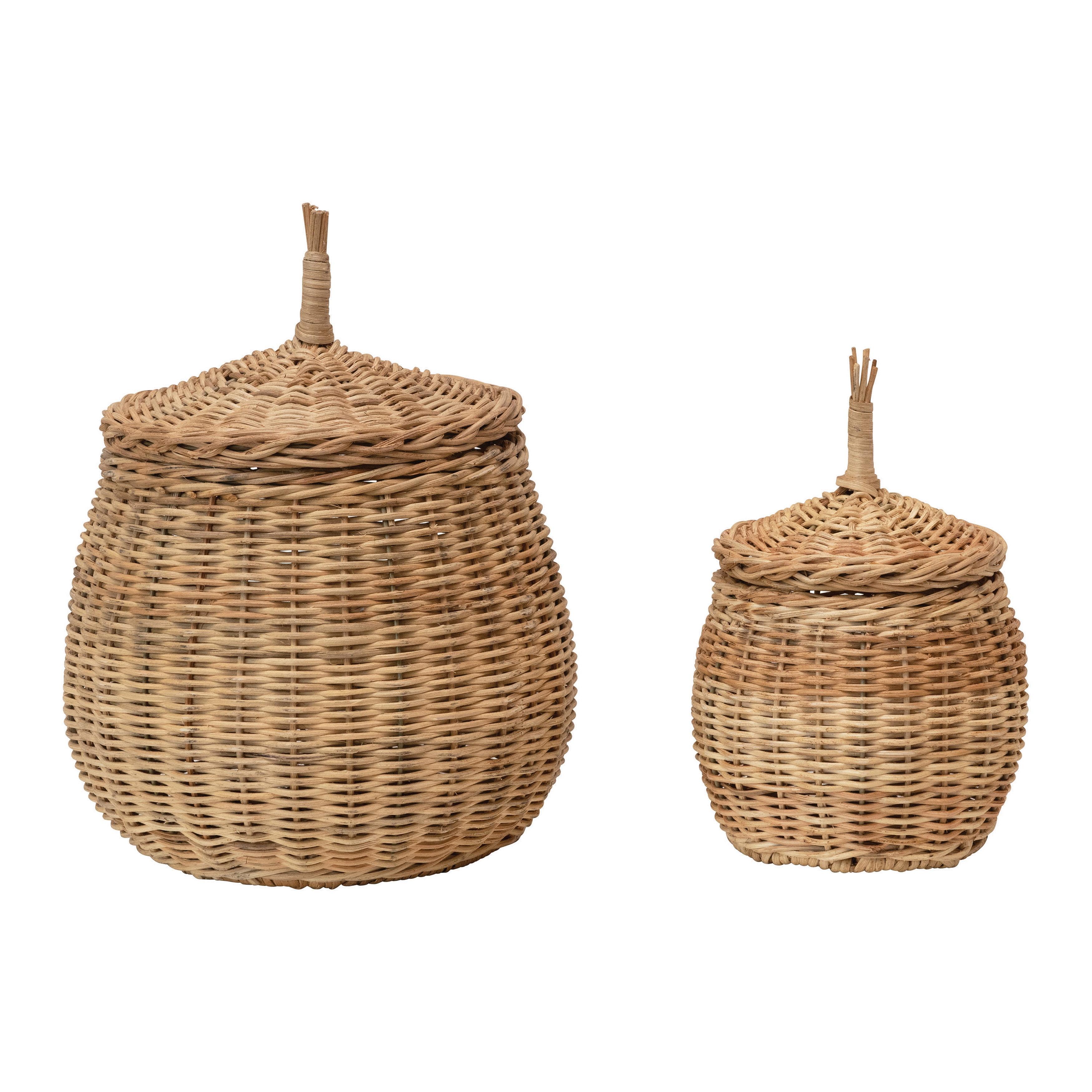 Natural Hand-Woven Wicker Round Storage Baskets with Lids, Set of 2