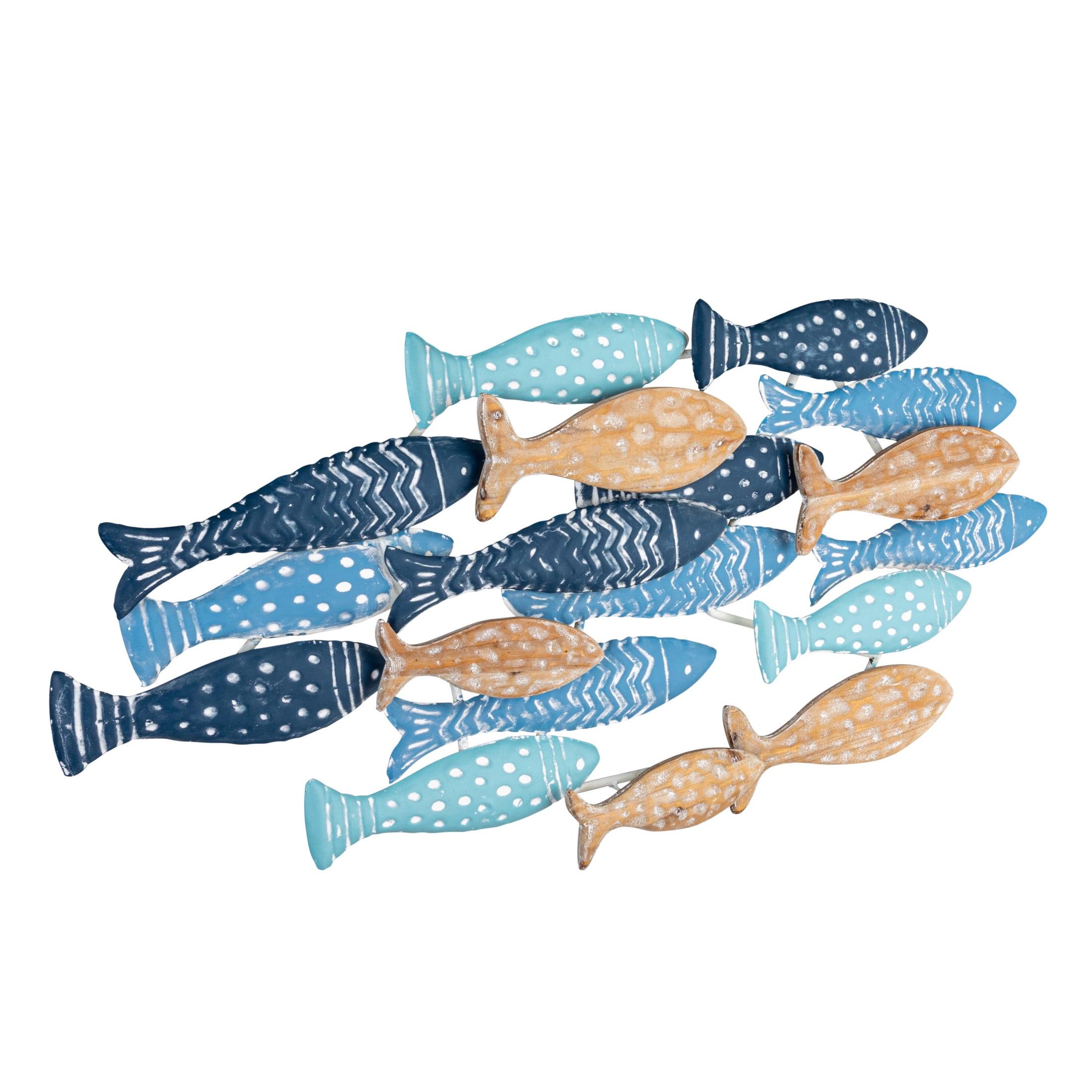 Hand-Painted Blue and Beige Metal School of Fish Wall Decor