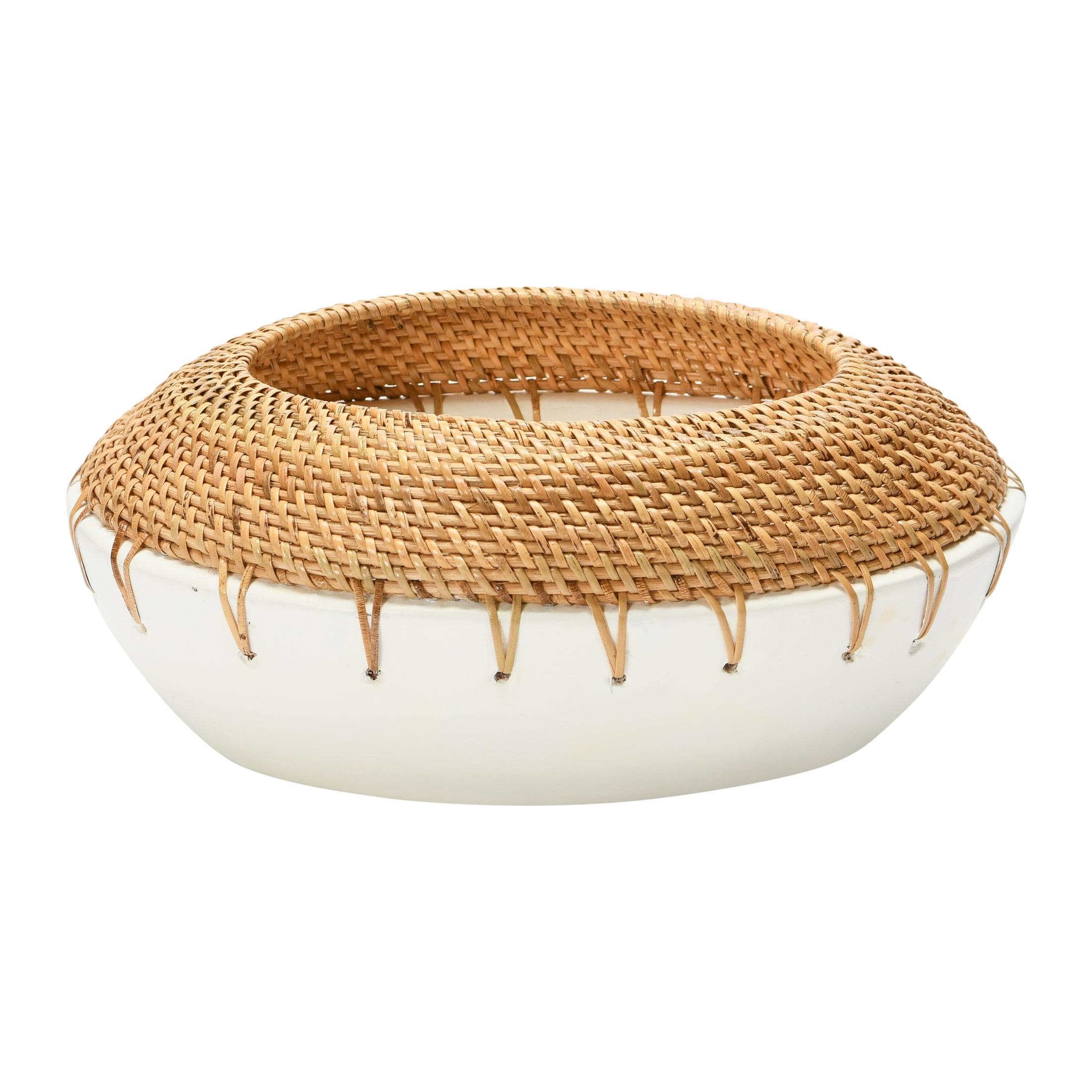 Handmade Natural and White Terra-Cotta Planter with Rattan Stitching