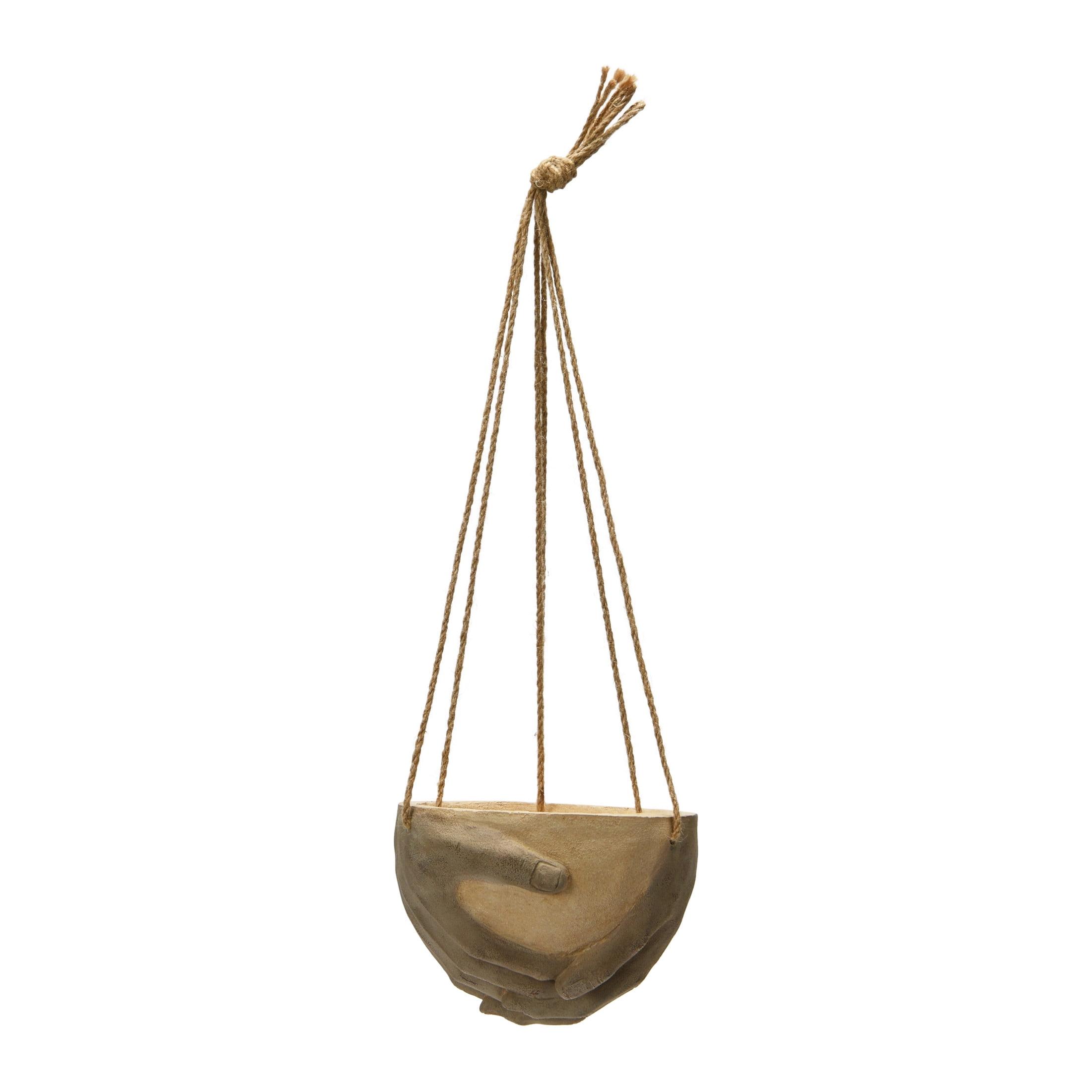 Mini Beige Resin and Cement Hanging Planter with Jute Hanger